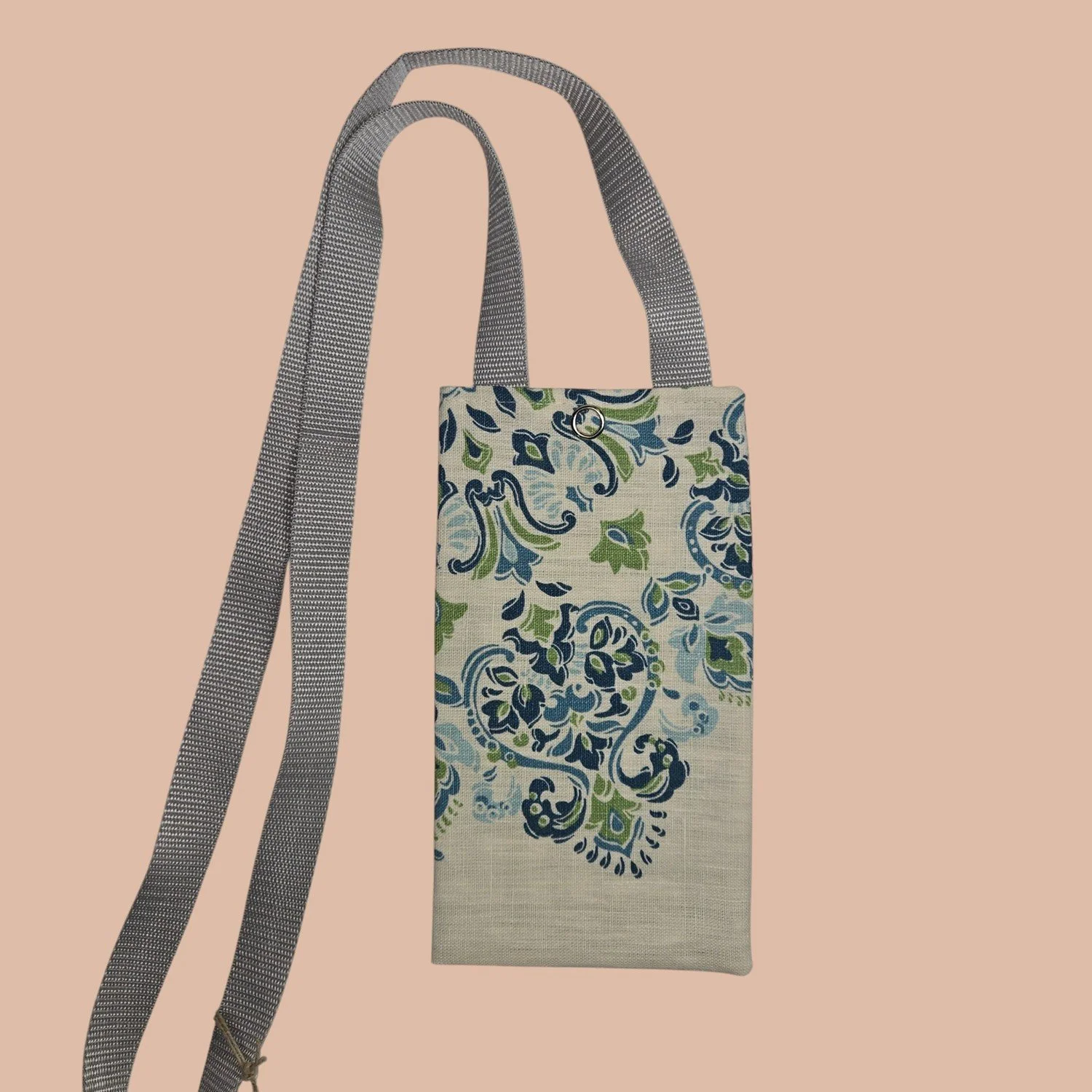 Crossbody Cell Phone Bag - White Green/Blue Print