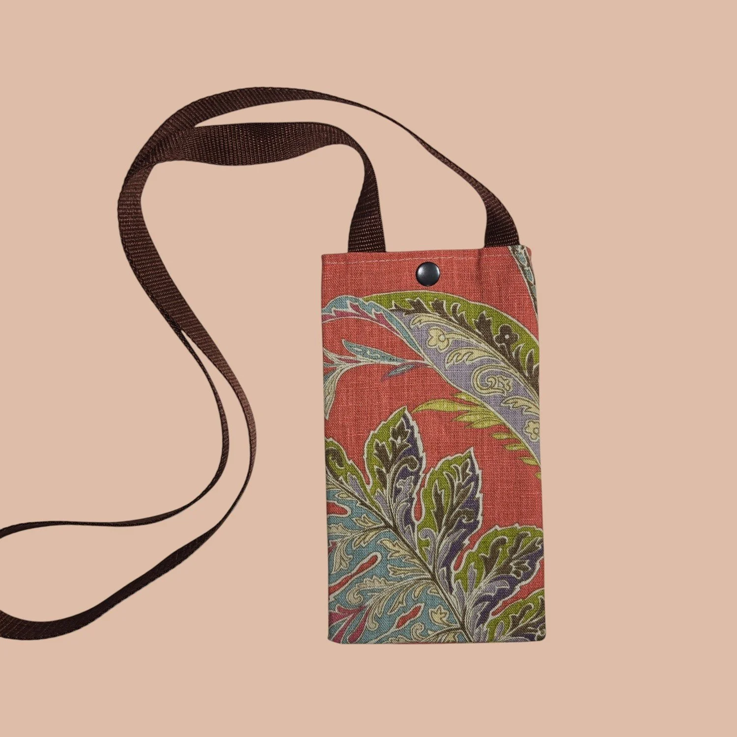 Crossbody Cell Phone Bag - Coral/ Blue & Green Leaves
