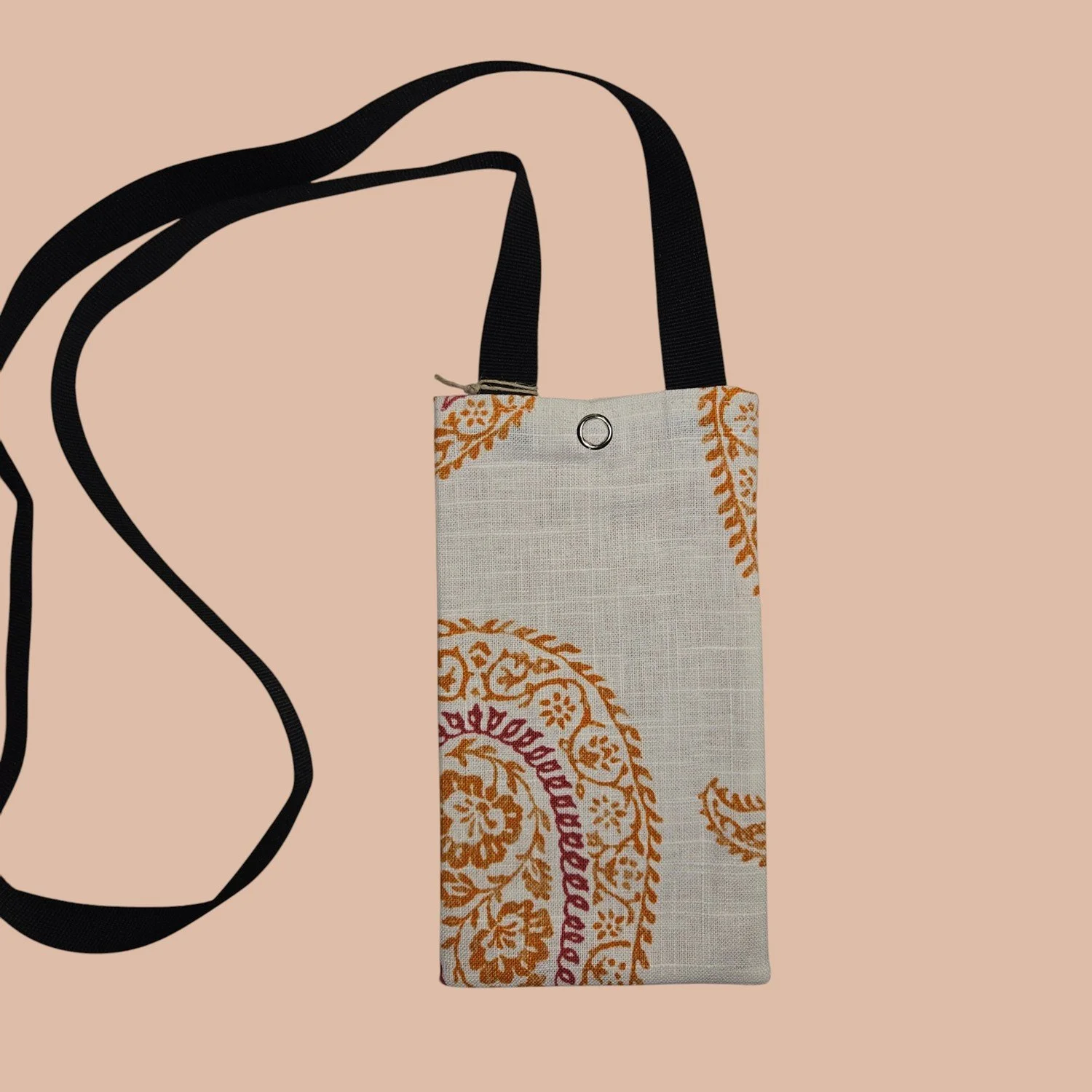 Crossbody Cell Phone Bag - Indian Print White Orange/Pink