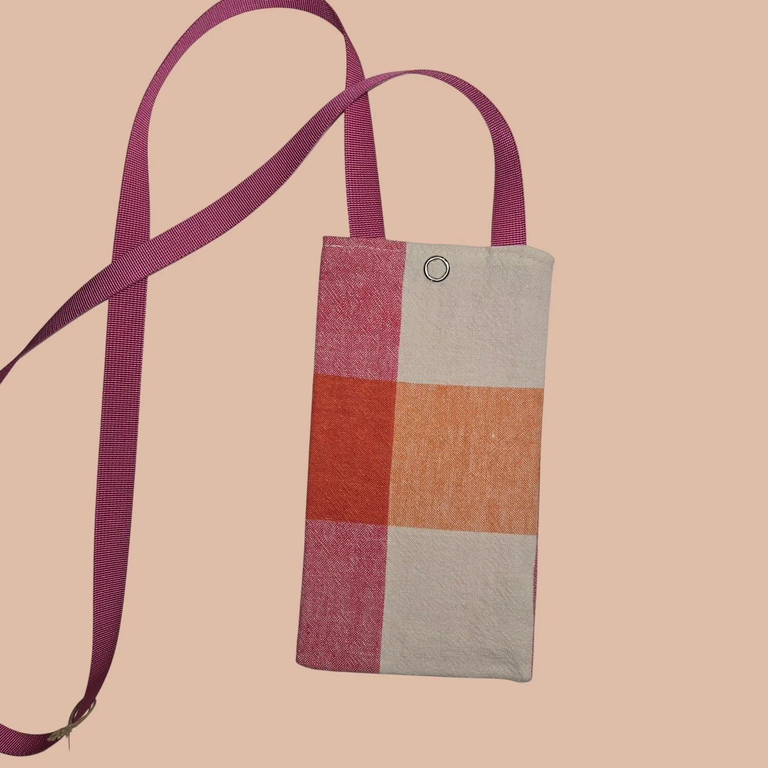 Crossbody Cell Phone Bag - White/Pink/Orange Squares