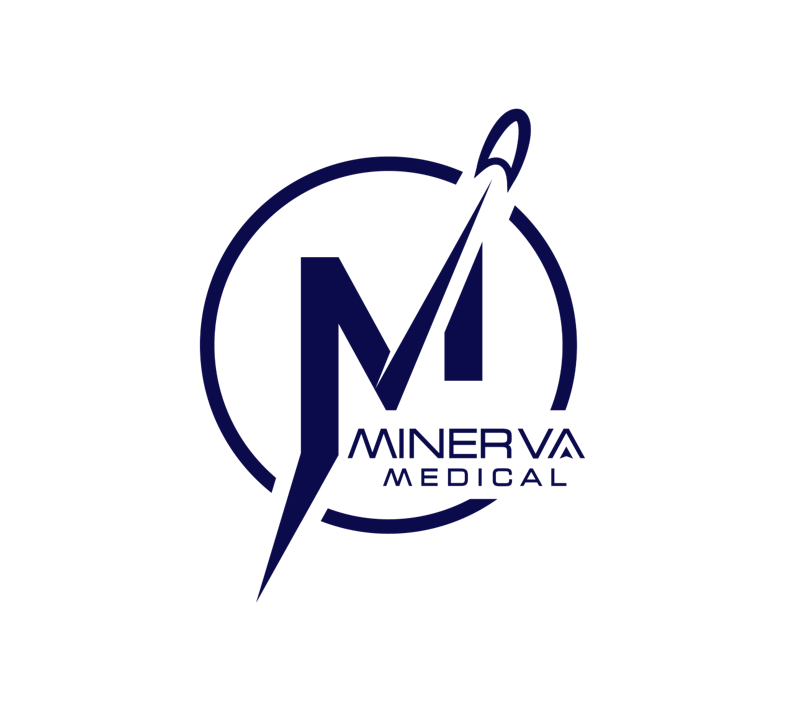 Logo for Minerva Medical featuring a stylized letter 'M' with a lightning bolt, a circle, and a paintbrush