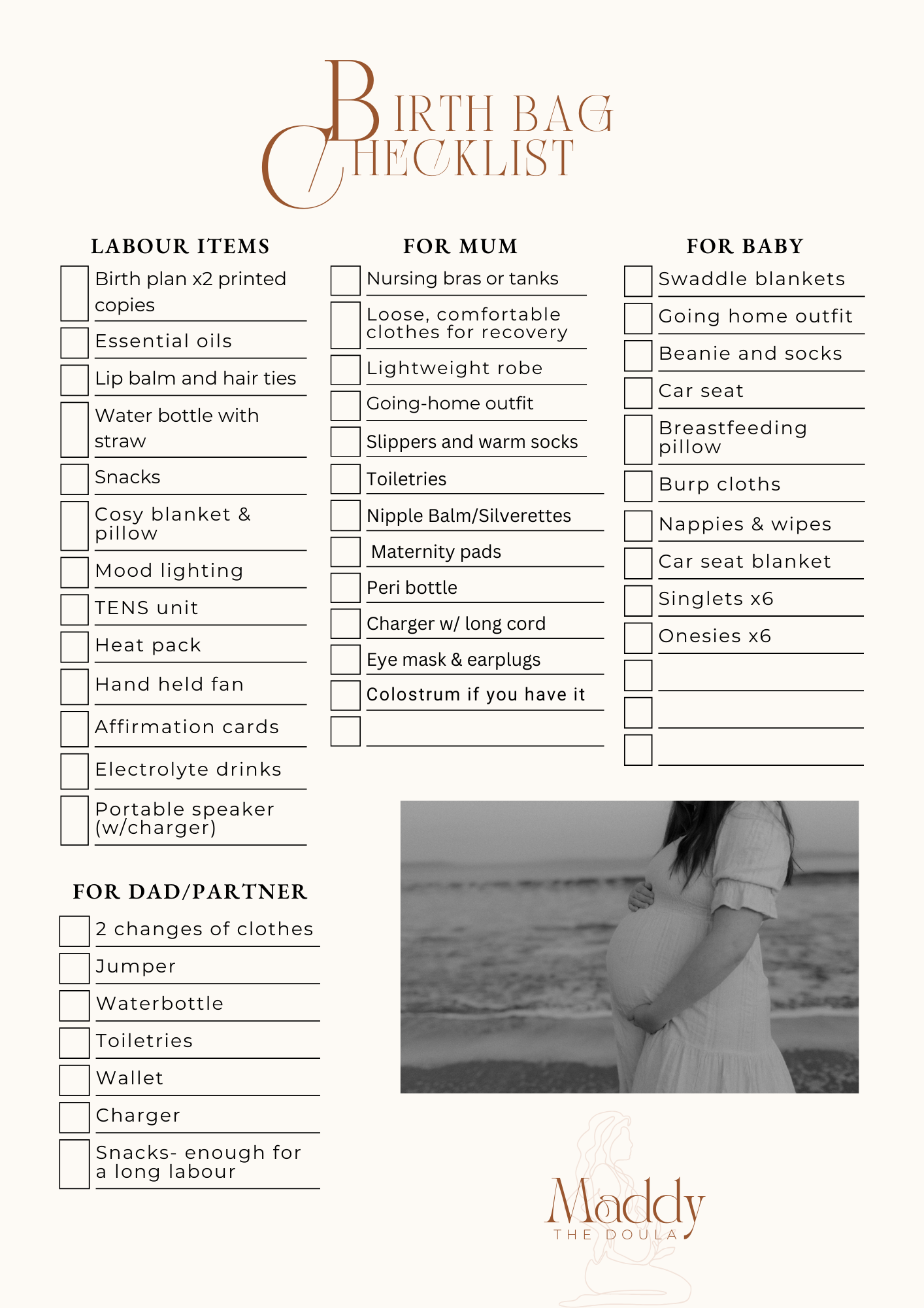 Family Birth Bag Checklist