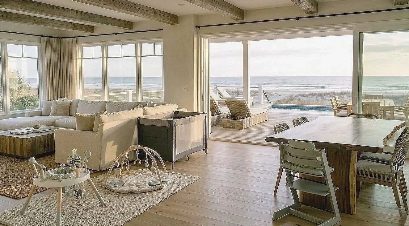 Living room with large windows and sliding glass doors opening to a beach view, white sectional sofa, coffee table, baby activity table, outdoor patio with lounge chairs and ocean view.