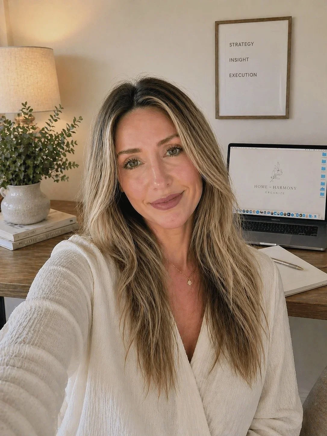 A woman taking a selfie in a home office, with a laptop displaying a logo that reads 'Home Harmony Organize' and a framed print on the wall with the words 'Strategy, Insight, Execution'.