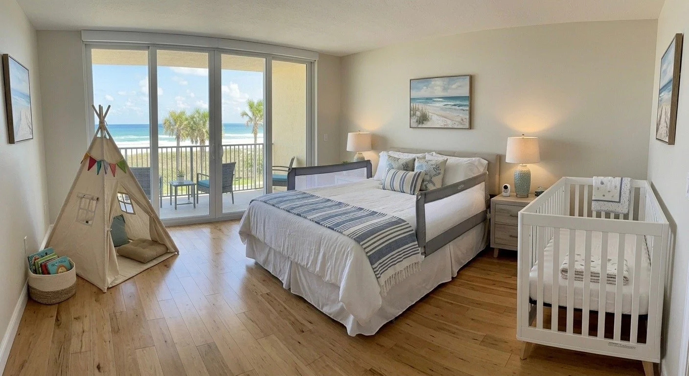 Ocean view bedroom with glass sliding door leading to balcony, bed with blue and white bedding, two table lamps, a baby crib, and a children's teepee tent with books.