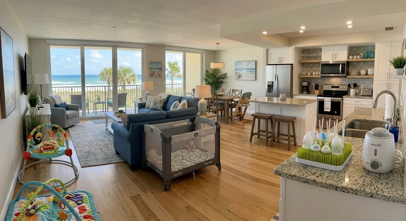 Open-plan living room and kitchen area with ocean view, two baby bouncers, a playpen, modern appliances, dining area, and decor.