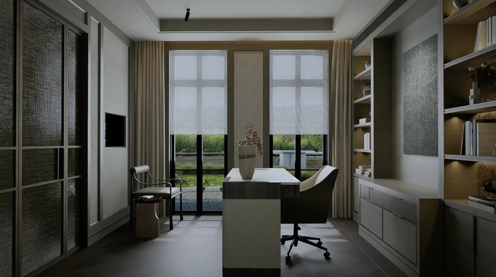 Modern executive home office in Toronto by Claire Design Studio, featuring a designer stone-top desk, integrated library shelving with marble accents, and floor-to-ceiling windows with sheer blinds.
