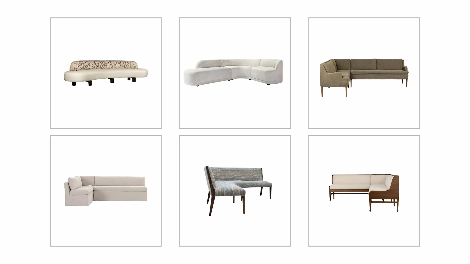 A professional curation of six banquette seating options, showcasing various silhouettes including curved back, L-shaped sectional, and wood-framed upholstered designs in neutral high-performance fabrics.