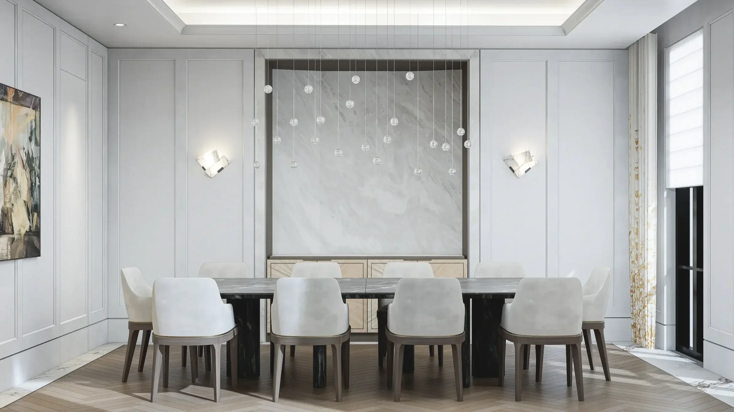 Grand dining room in Toronto designed by Claire Design Studio, featuring bespoke light grey wall paneling, a large marble feature wall, a black stone dining table with modern seating, and a sophisticated multi-pendant crystal light fixture.