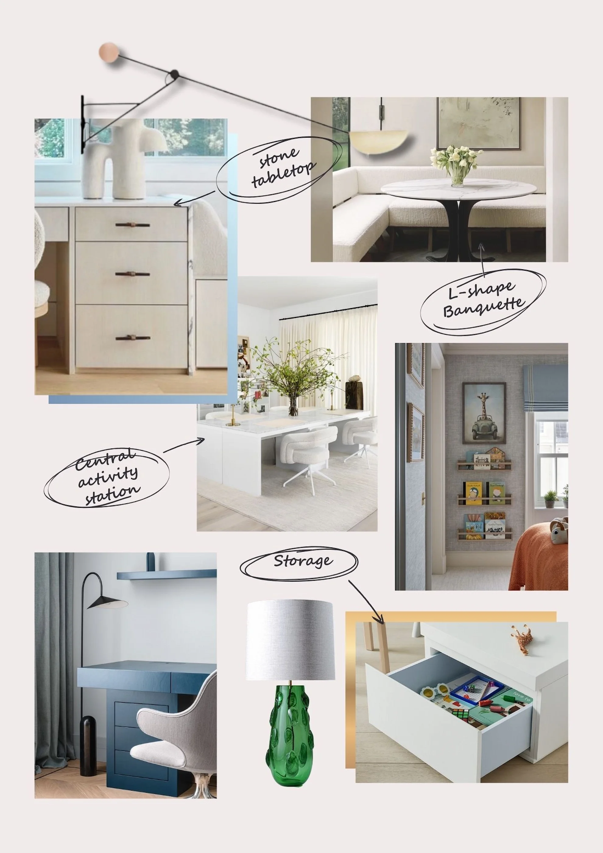 A professional interior design mood board for a kids' study, featuring hand-annotated inspiration photos of an L-shaped banquette, a stone tabletop desk, a central activity station, and integrated storage solutions in a bright, transitional style.