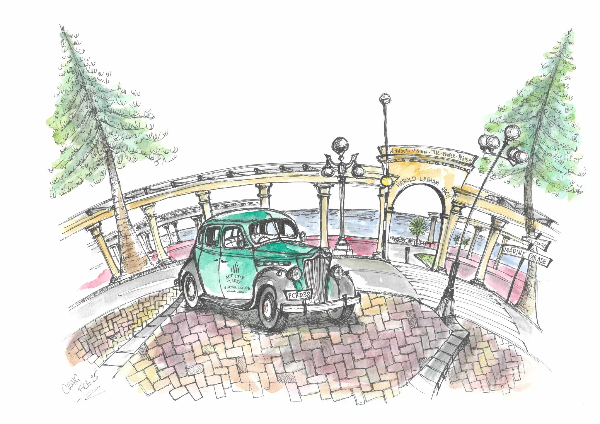 A watercolor sketch of a vintage green car parked on a brick pavement near a circular pier with palm trees, street lamps, and a sign that reads 'Harold Latham Arch' and 'Marine Parade'. The scene includes the city center street sign, a bridge arch, a