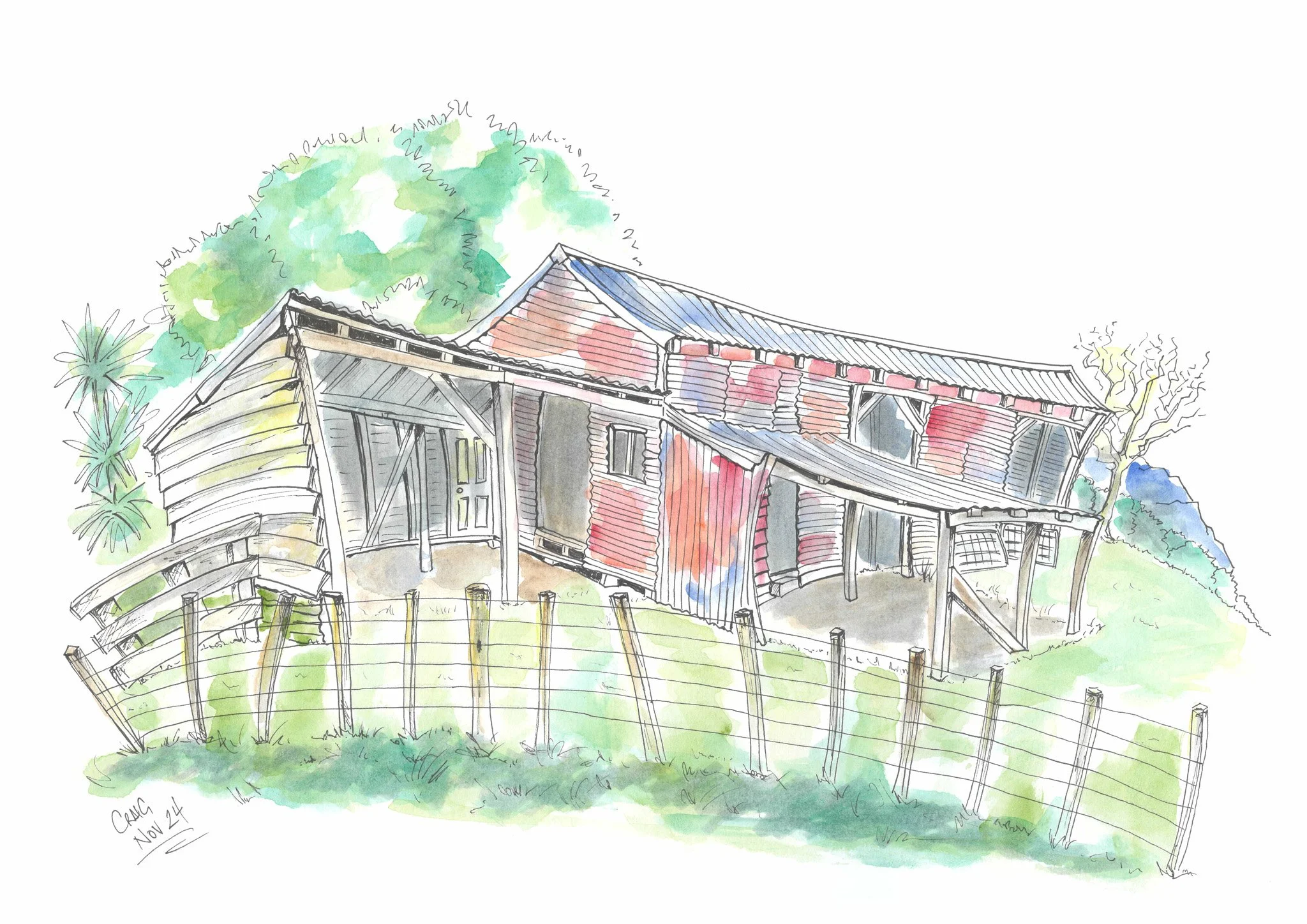 A watercolor and ink sketch of a rustic house with a corrugated metal roof, surrounded by trees and a simple wooden fence.