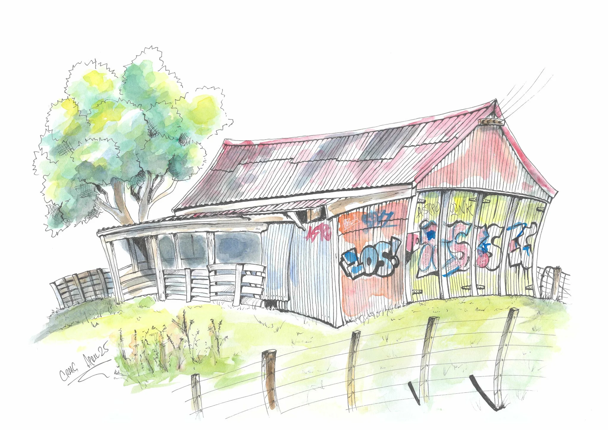 A colorful watercolor painting of an old wooden house with graffiti, a large green tree to the left, a grassy hill with a fence in the foreground, and a bright red, slanted roof.