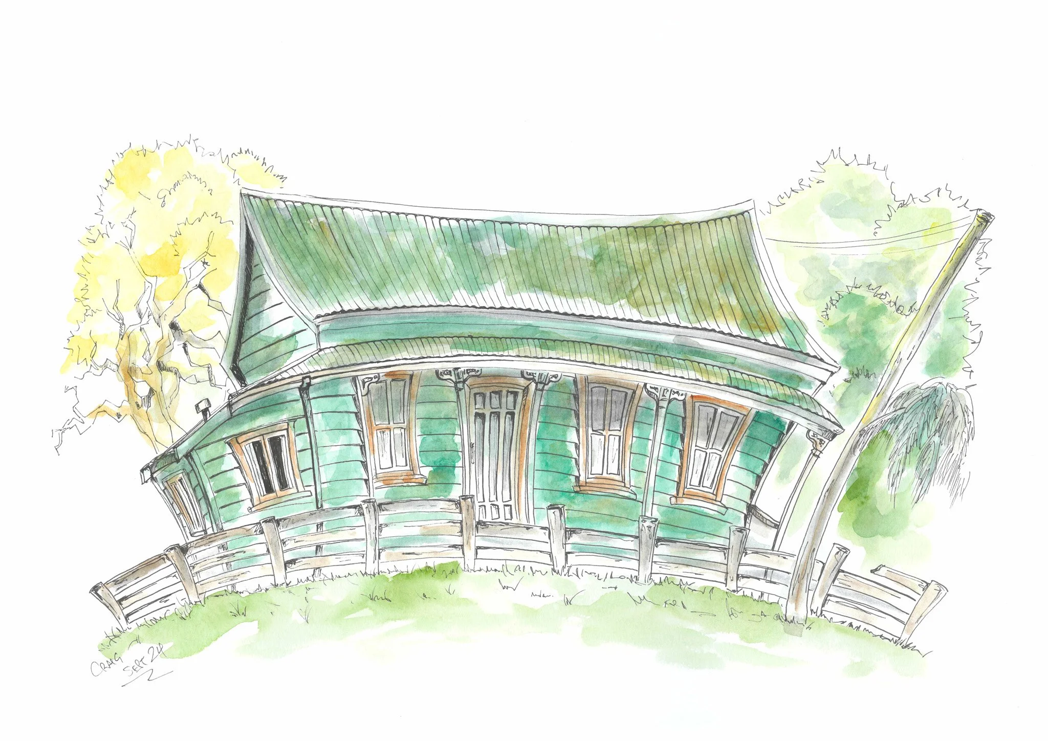 Watercolor illustration of an old green house with a curved roof, surrounded by trees and a wooden fence.