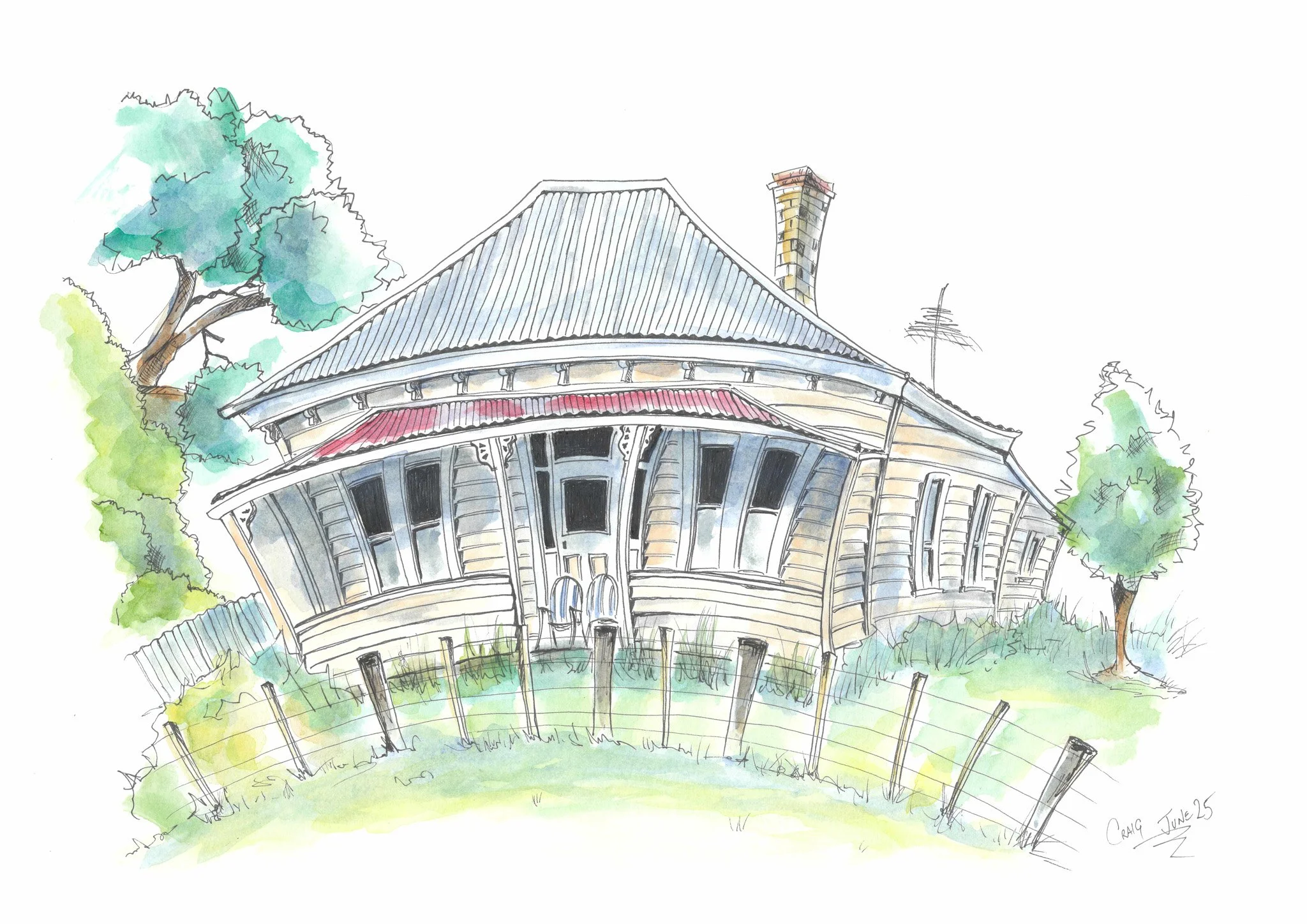 A watercolor painting of a large house with a curved porch, multiple windows, a tall chimney, and surrounded by trees, with a grassy yard and a fence in the foreground.