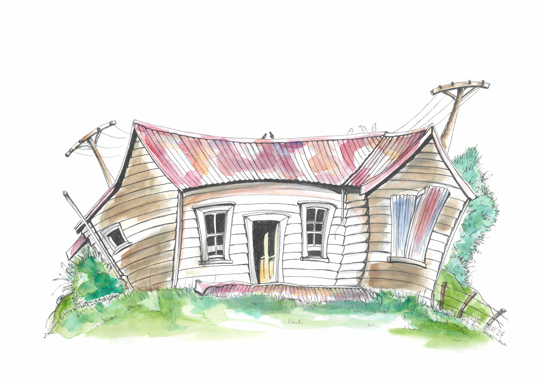 Watercolor illustration of a tilted, old wooden house with a red and brown metal roof, boarded-up windows, and surrounded by green bushes and grass.