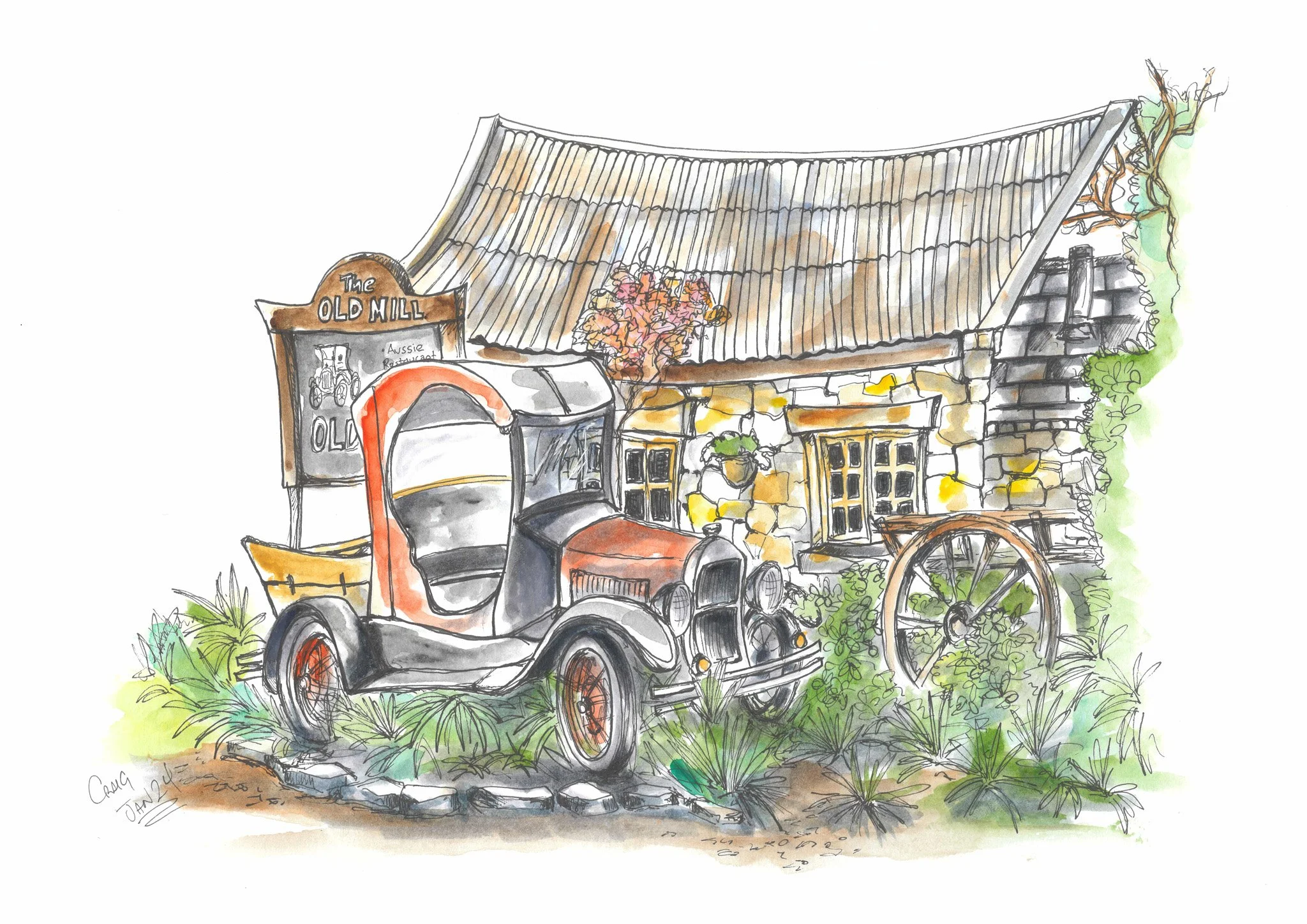 A watercolor illustration of a vintage truck parked in front of a rustic stone house with a metal roof, surrounded by green plants and flowers, with a small sign reading 'The Old Mill' and a wheel leaning against the house.