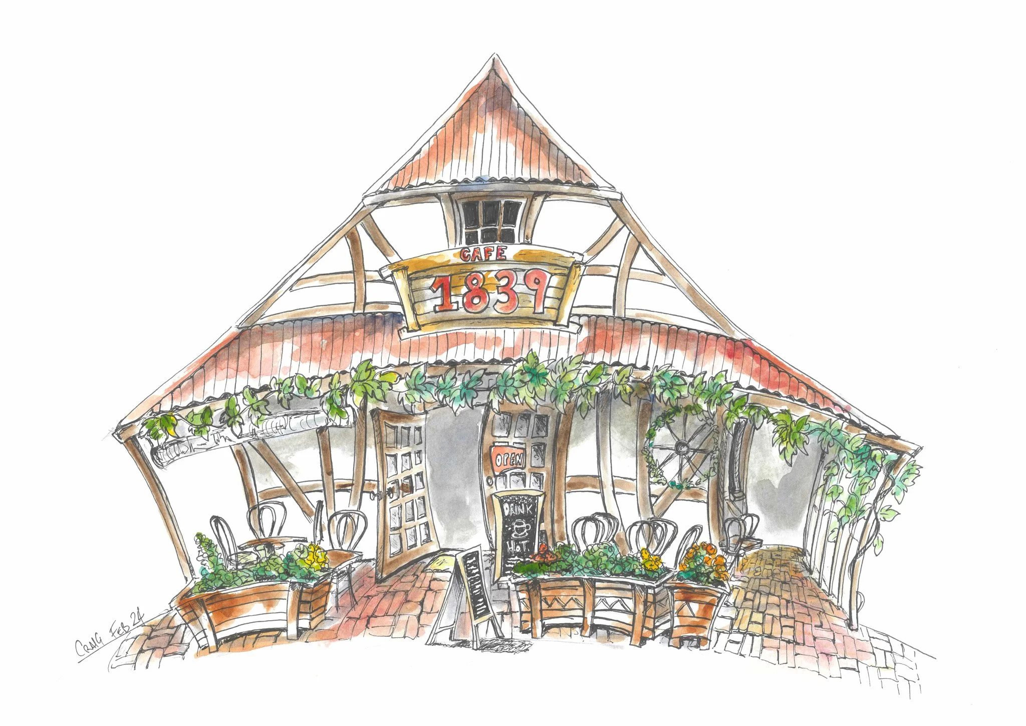 Watercolor illustration of a vintage cafe with a red tiled roof, outdoor seating with chairs and tables, green plants, and a sign showing the year 1839.