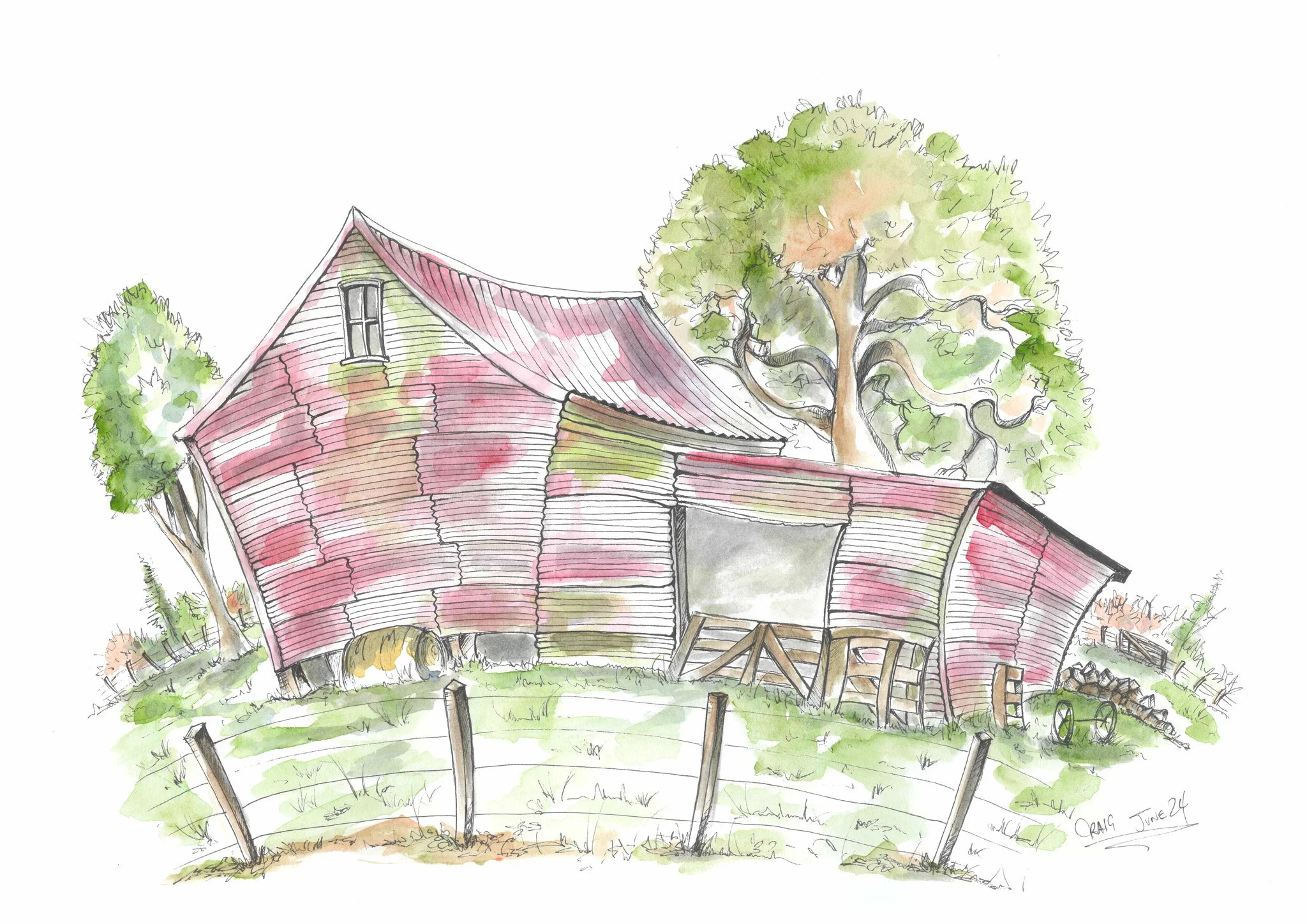 A watercolor illustration of an old barn with a red, weathered, and slightly mismatched roof, surrounded by green trees and a grassy yard, with rustic wooden fencing in the foreground.