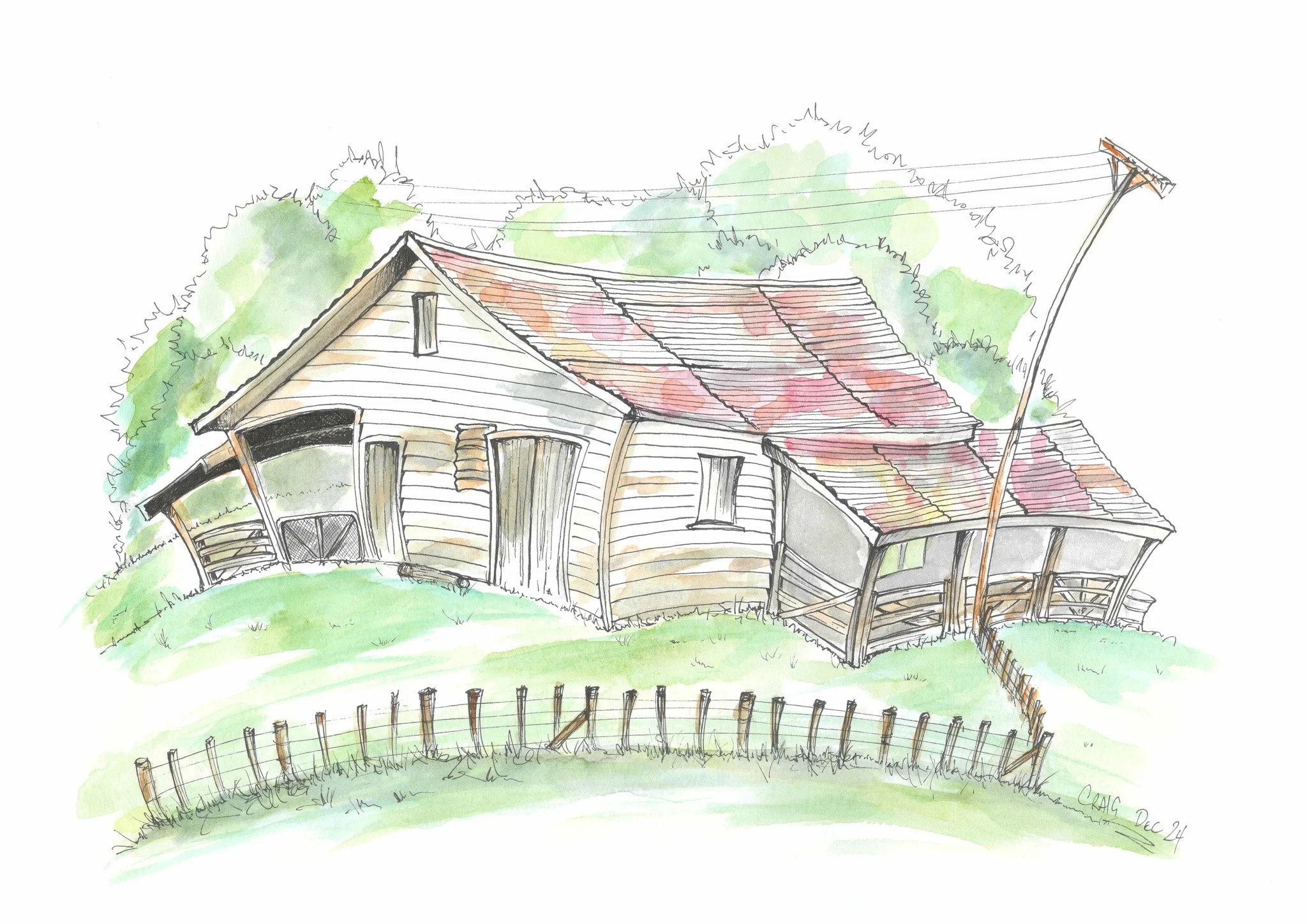 A watercolor drawing of an old, weathered house with a sloped roof, surrounded by green trees and a fence, with a crooked power pole leaning.