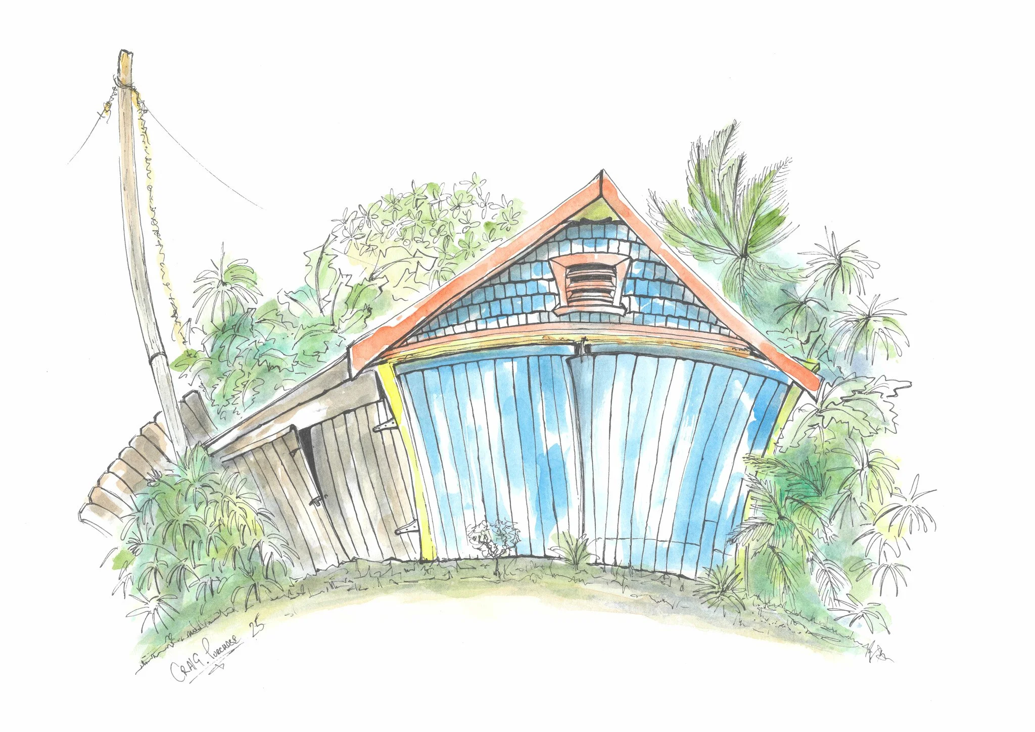 Colorful sketch of a house with a red gable roof, blue shingles, and large blue doors, surrounded by green bushes and trees, with a utility pole on the left.