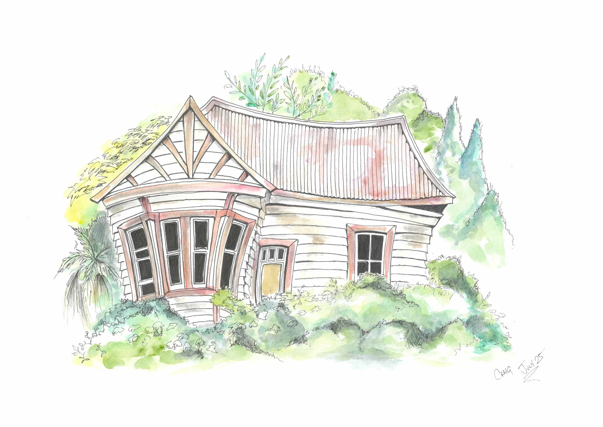 A watercolor painting of an old, abandoned house with a crooked structure, surrounded by lush greenery and trees.