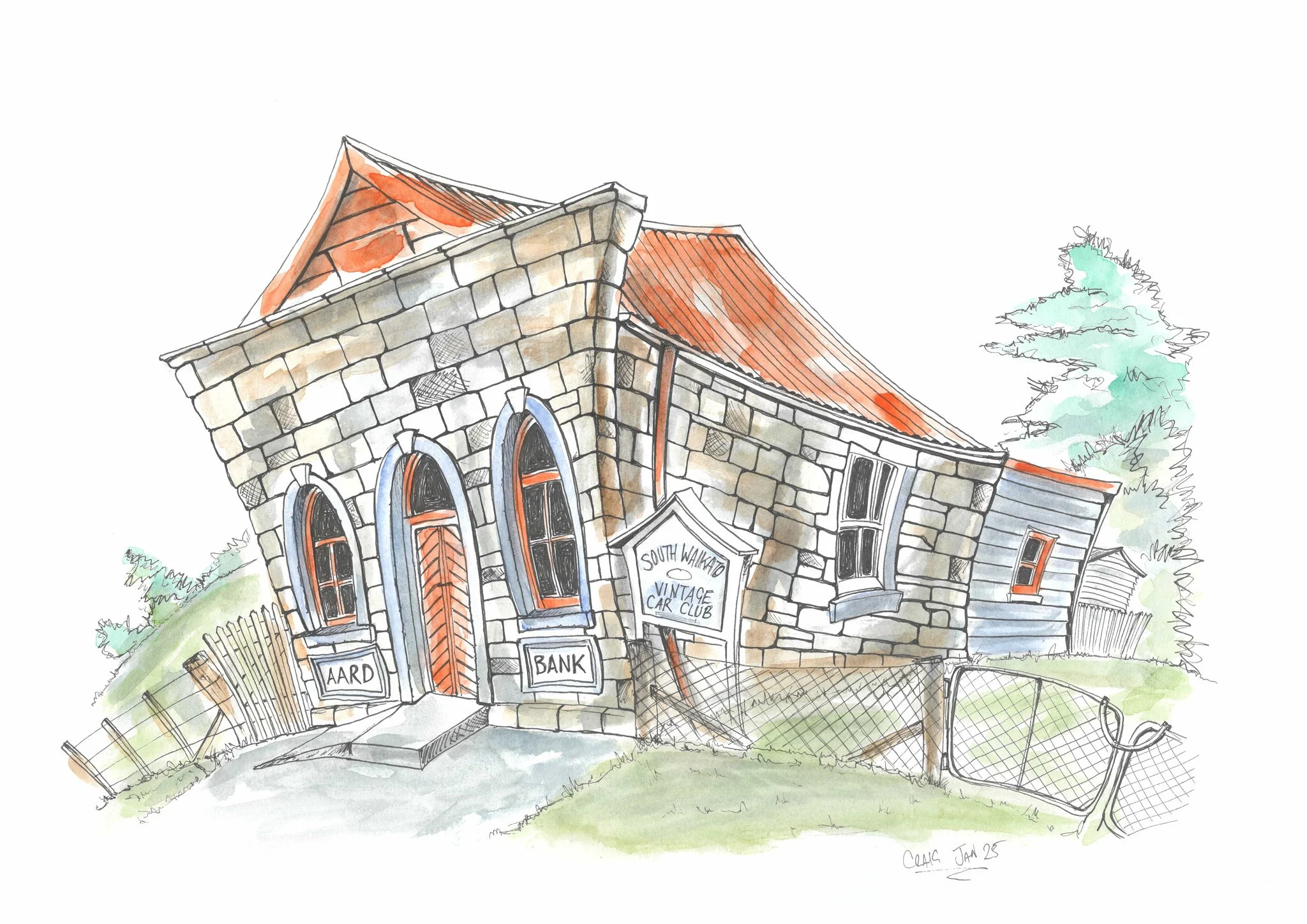 A watercolor illustration of an old stone church with arched windows and a rusty red roof, surrounded by a fence and trees.