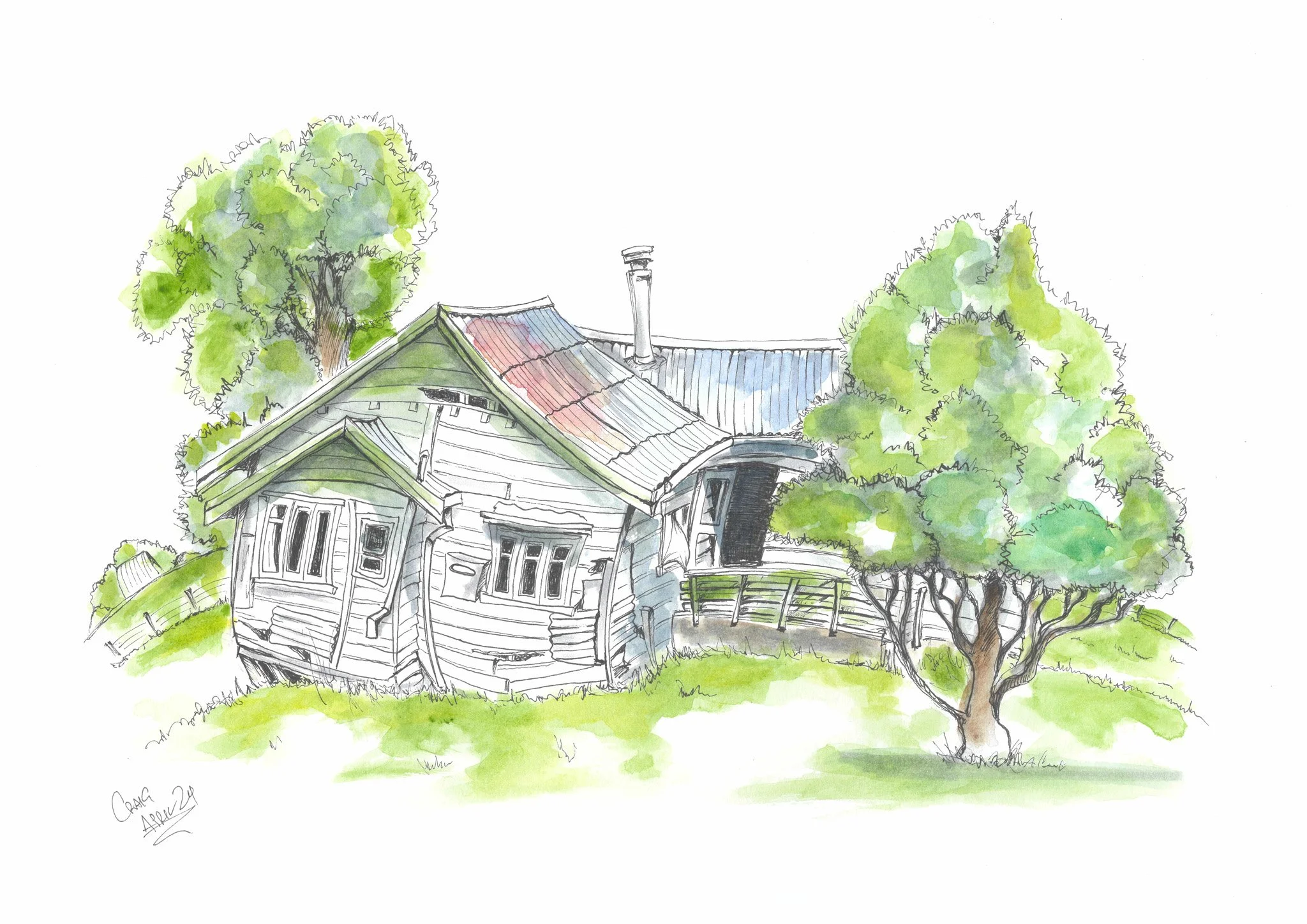 A watercolor drawing of a rustic wooden house with a metal roof, surrounded by green trees and grass.