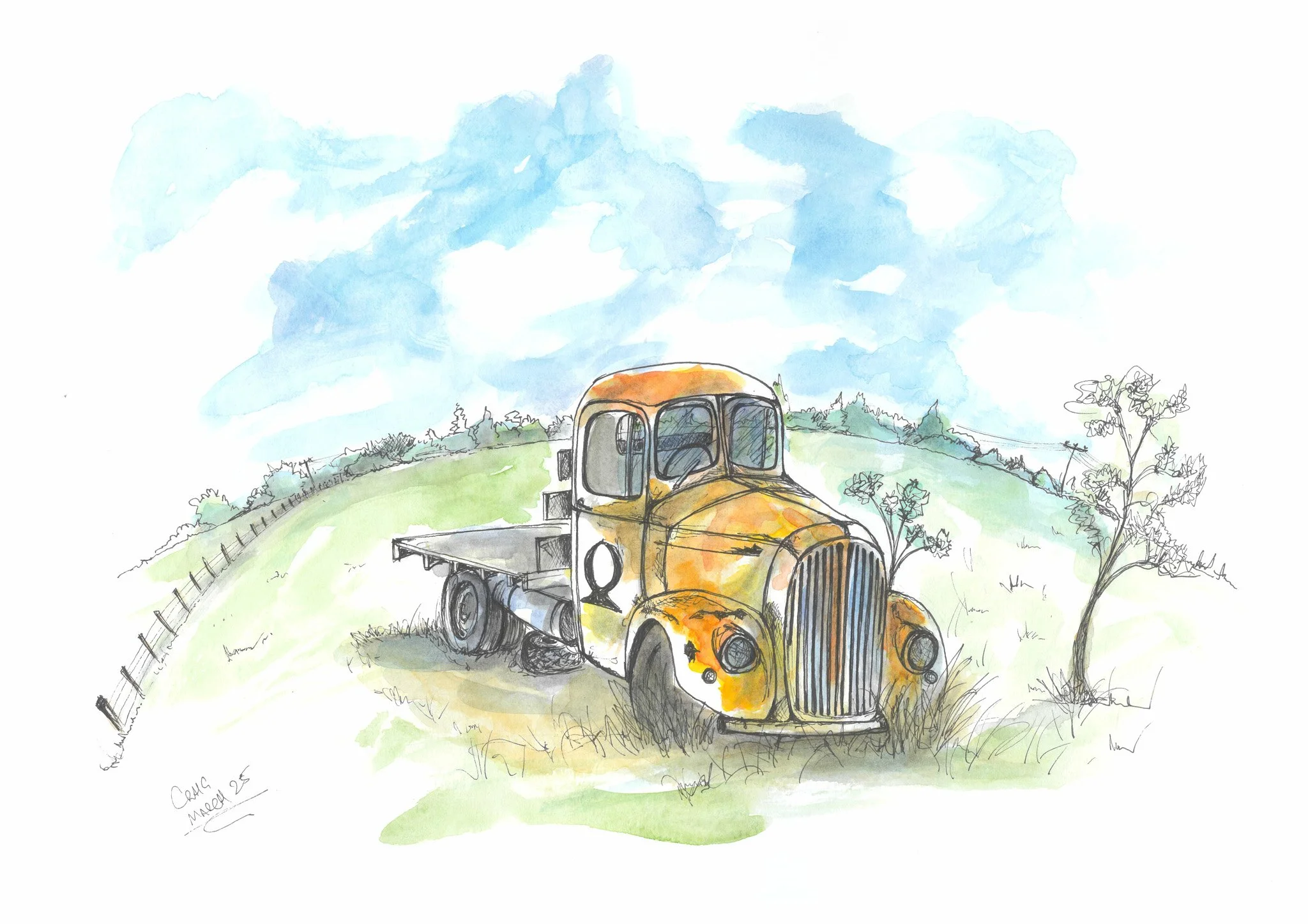 Watercolor illustration of an old rusty yellow flatbed truck parked on a grassy hillside with a blue sky and sparse clouds, a fence on the left, and a few small trees.
