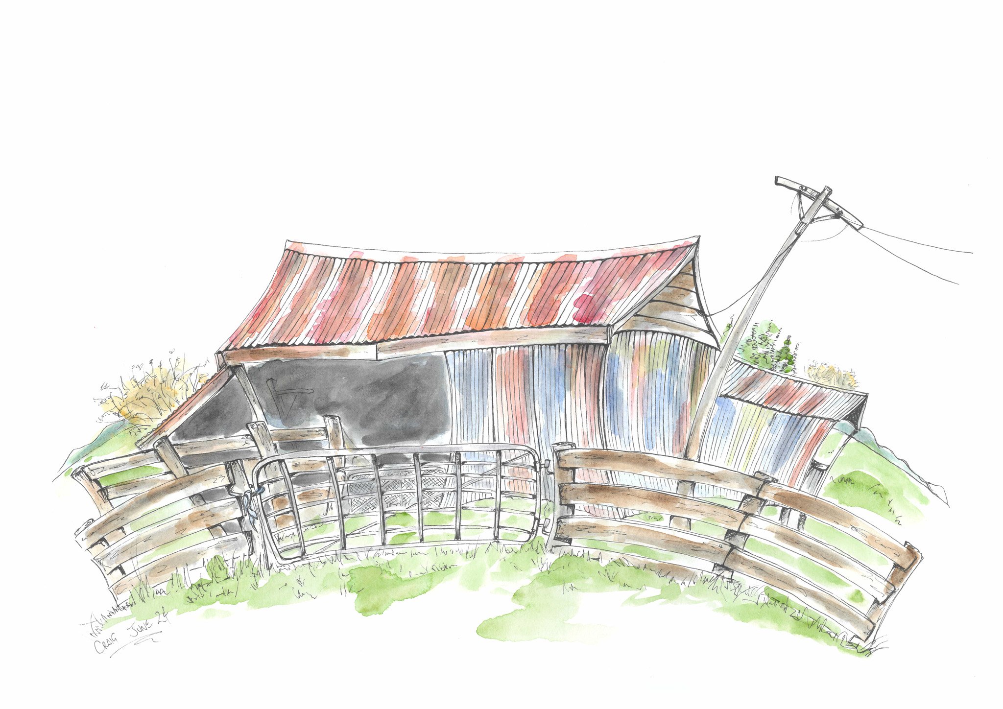 Watercolor illustration of a rustic barn with a colorful corrugated metal roof, a wooden fence, and a leaning utility pole on a grassy hillside.