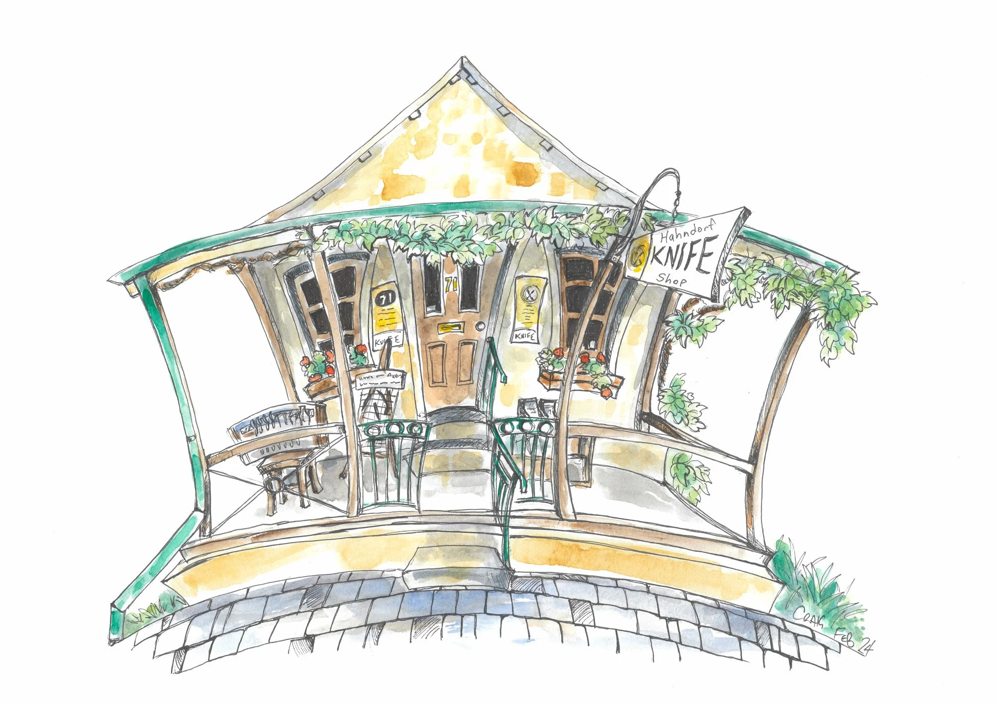 Watercolor illustration of a cozy shop called Hahndorf Knife Shop, with a curved porch, greenery, and a sign displaying a knife, viewed from below.