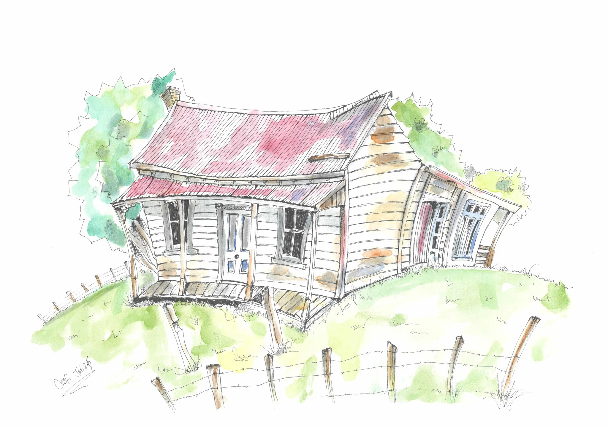 A watercolor illustration of a leaning, weathered wooden house with a red, rusty metal roof, surrounded by green trees and grass, enclosed by a simple fence.
