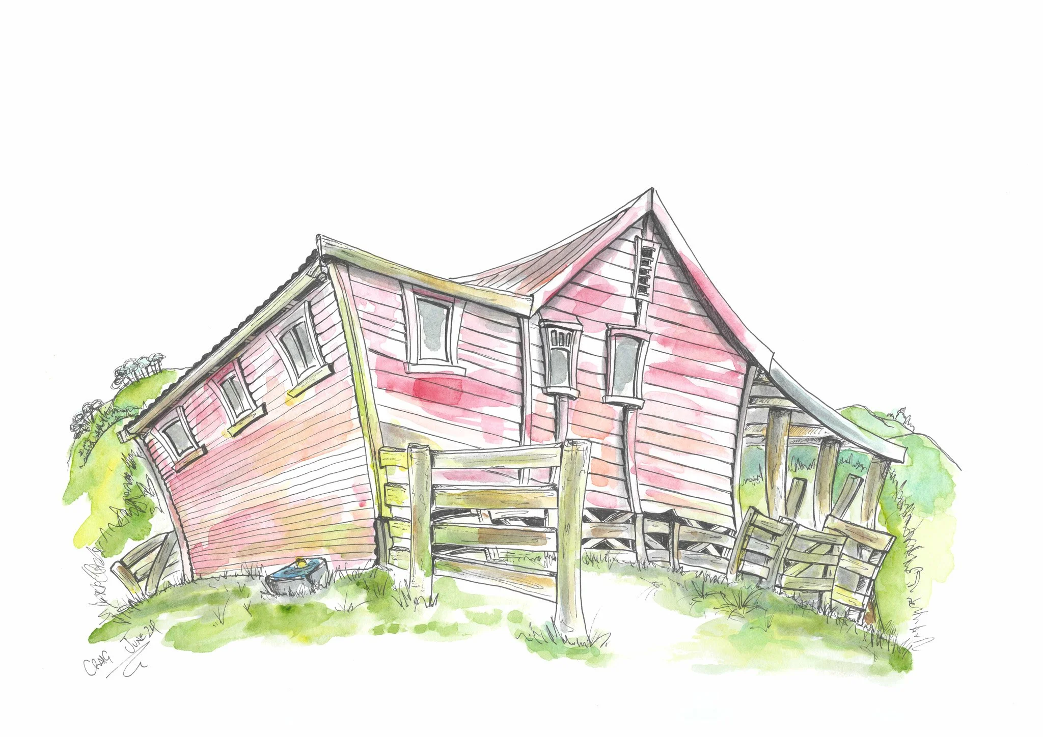 Watercolor illustration of an old, tilted, pink wooden house with a covered porch, surrounded by grass and bushes.