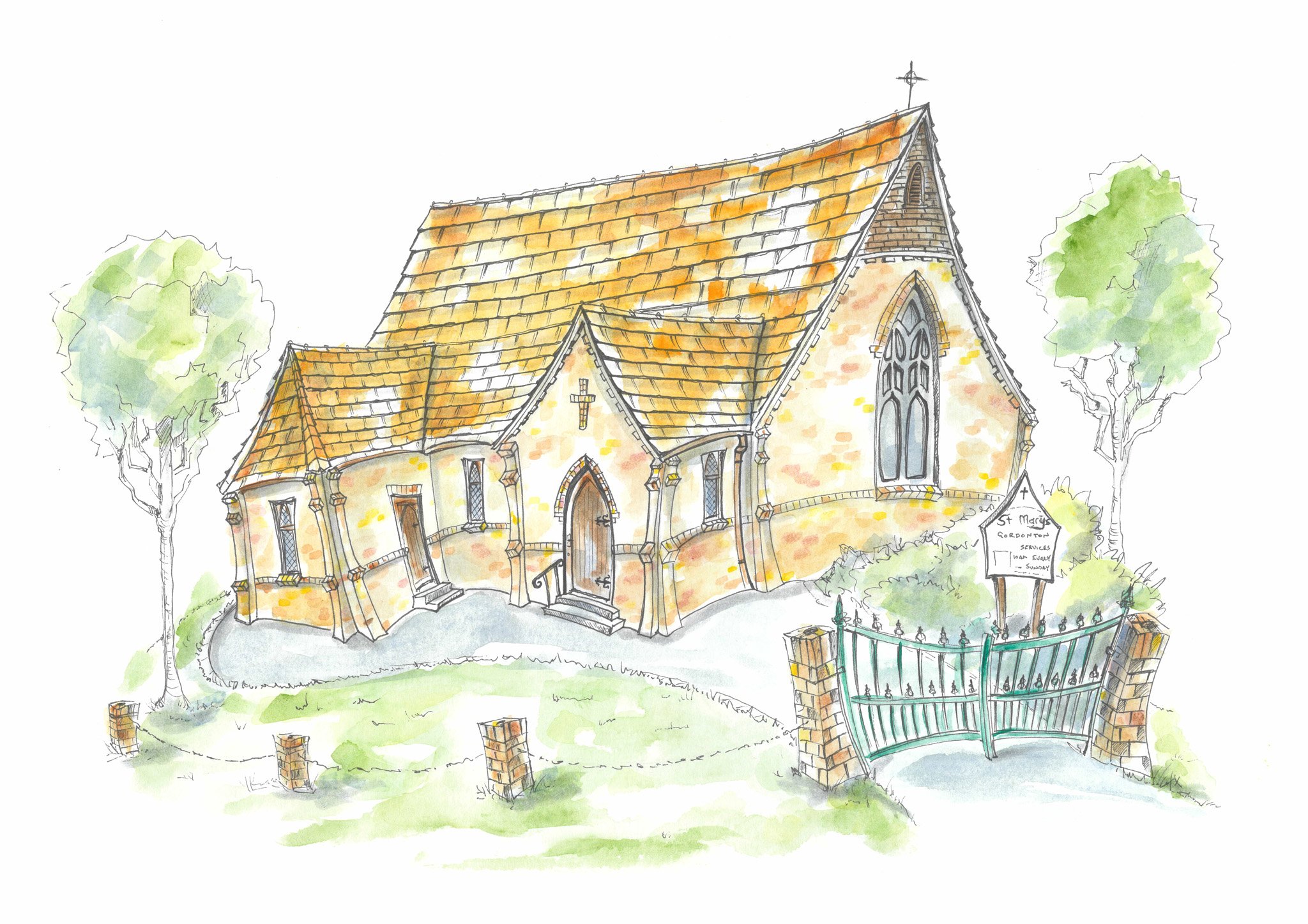 A watercolor illustration of a small stone church with a tiled roof, trees on either side, a wrought iron gate at the entrance, and a sign that reads 'St. Marys Scout Entrance'.