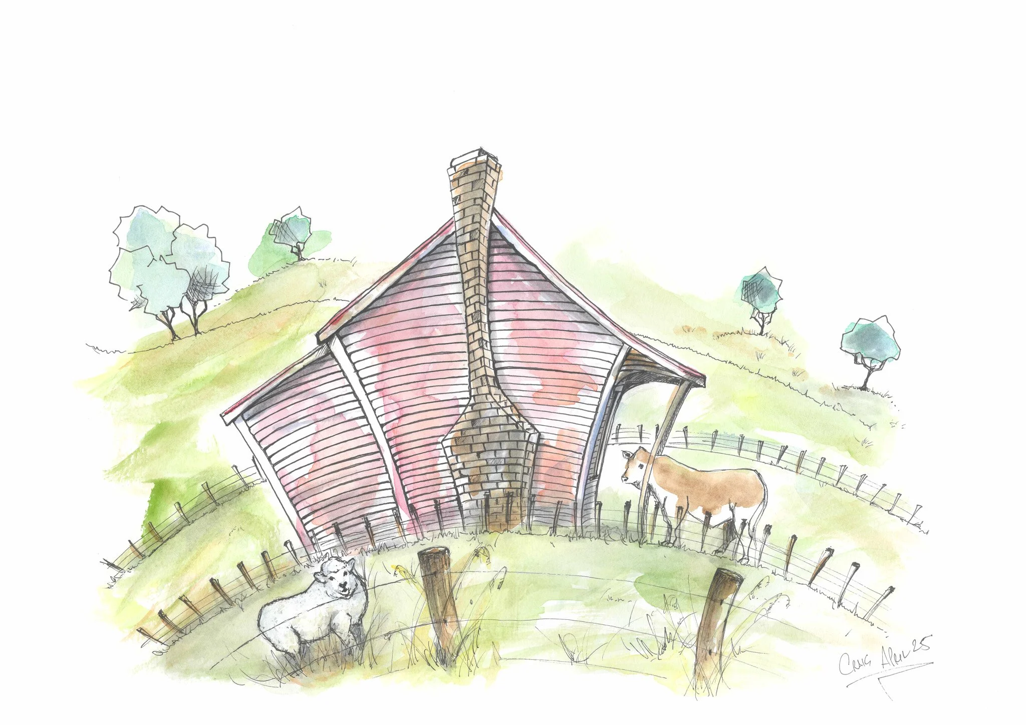 Watercolor illustration of a red barn with a tall chimney, surrounded by fenced grassy fields, with a sheep in the foreground and a cow near the barn, on a hilly landscape with a few trees in the background.