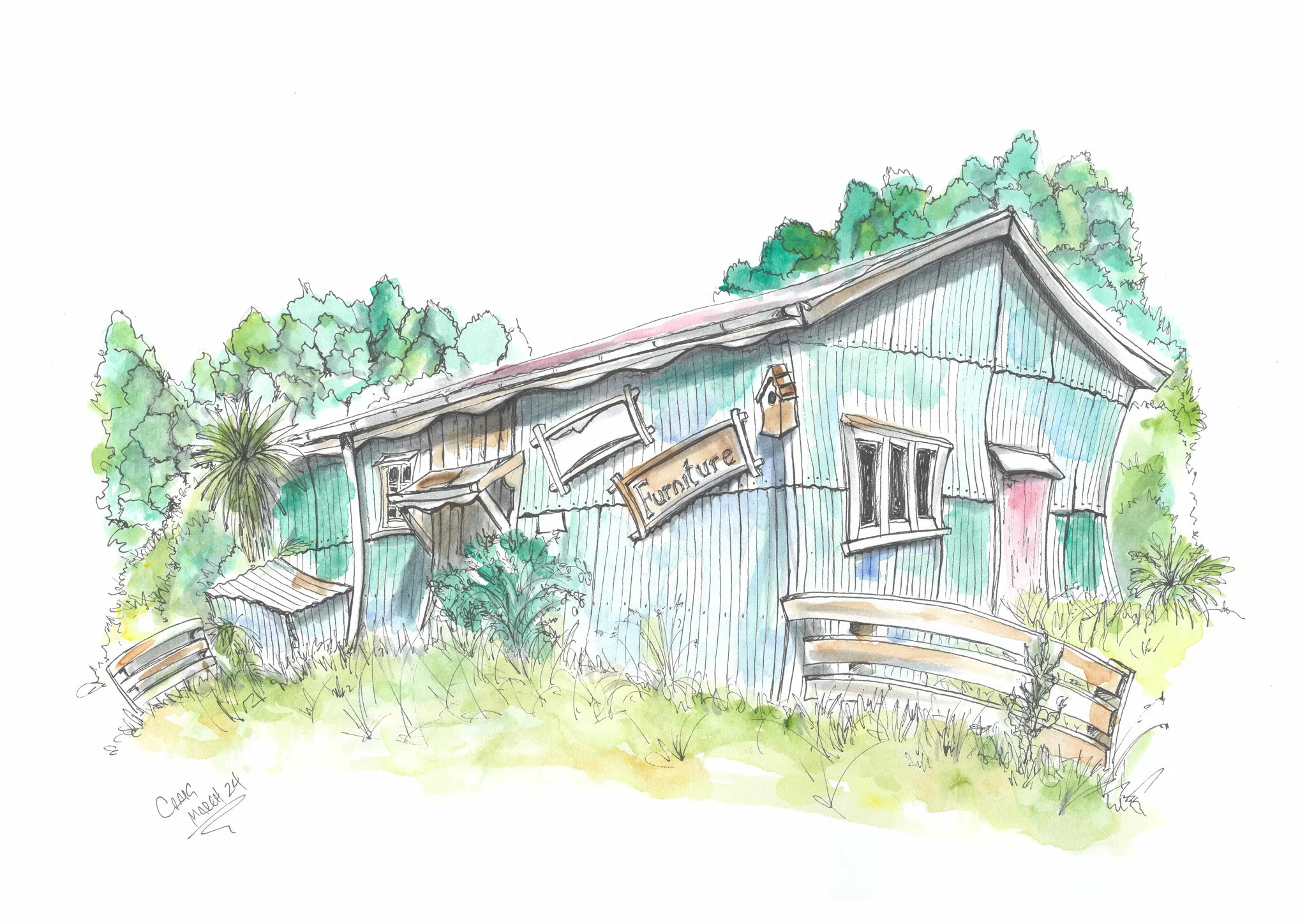 Watercolor illustration of an old, dilapidated house with a weathered wooden exterior, overgrown grass and plants, and a sign that reads 'Furniture' hanging crookedly. The house is surrounded by trees and shrubbery.