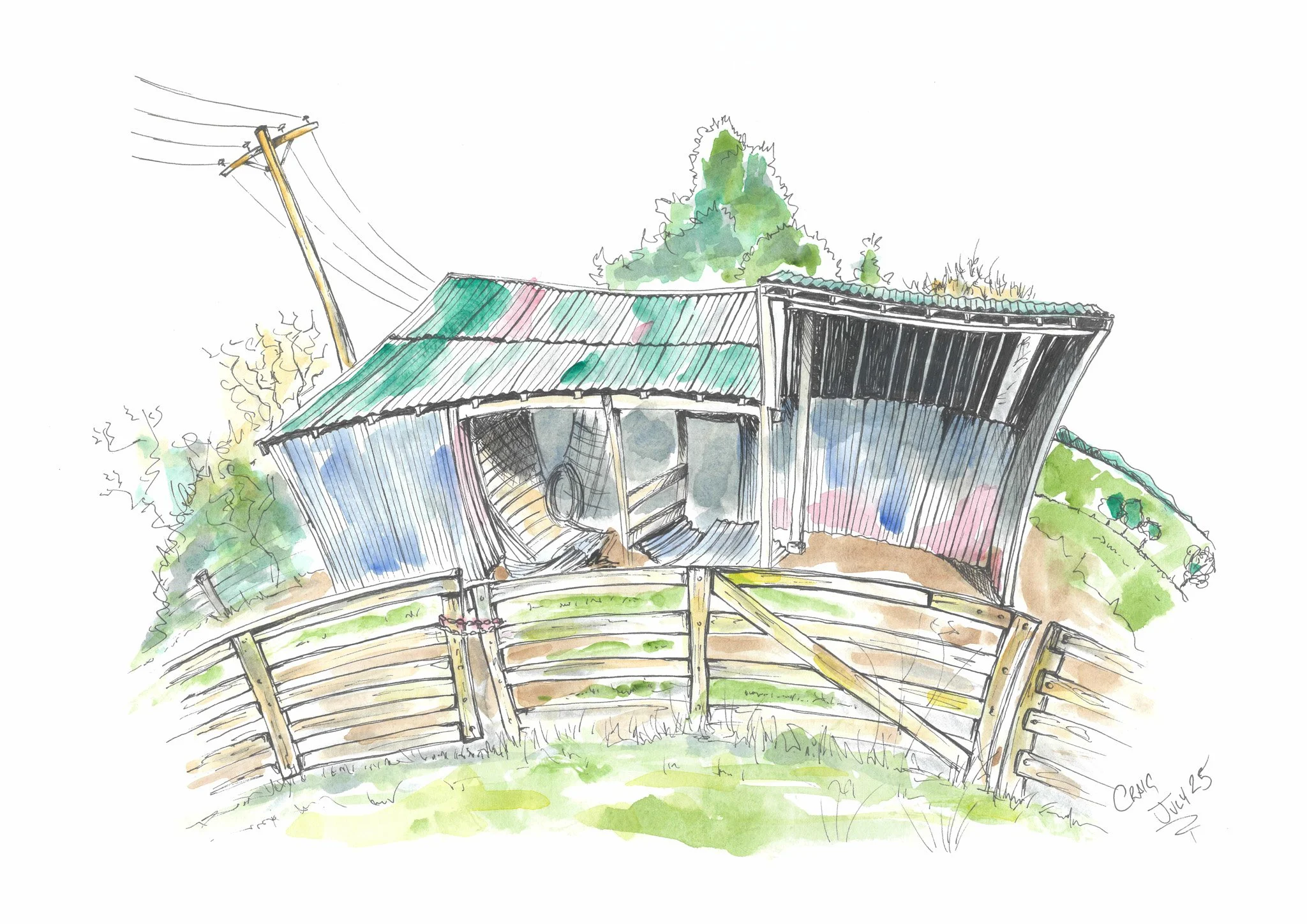 Watercolor sketch of a rustic, weathered barn with a corrugated metal roof, surrounded by trees and a wooden fence.