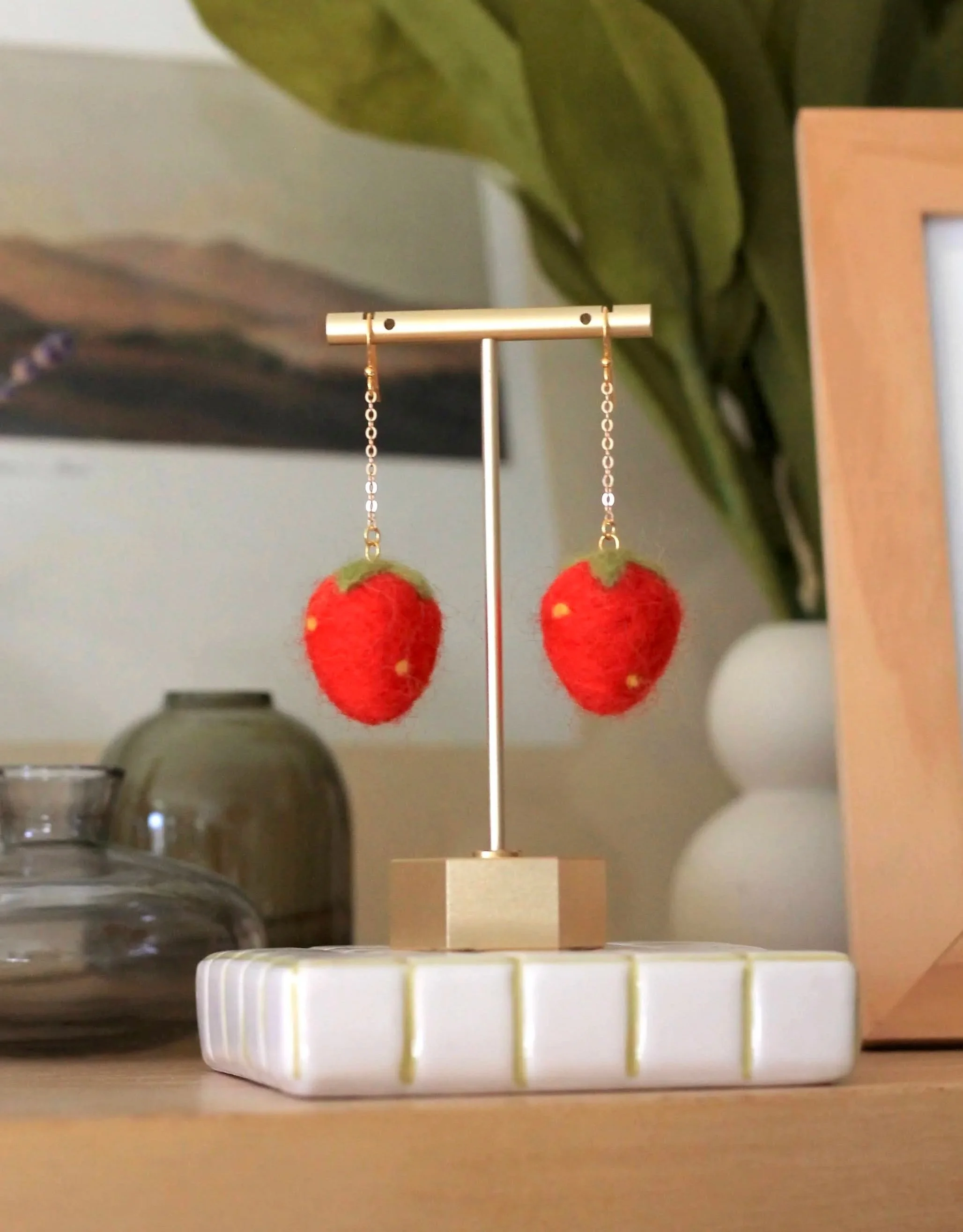 Strawberry Felted Earrings - Bright Red