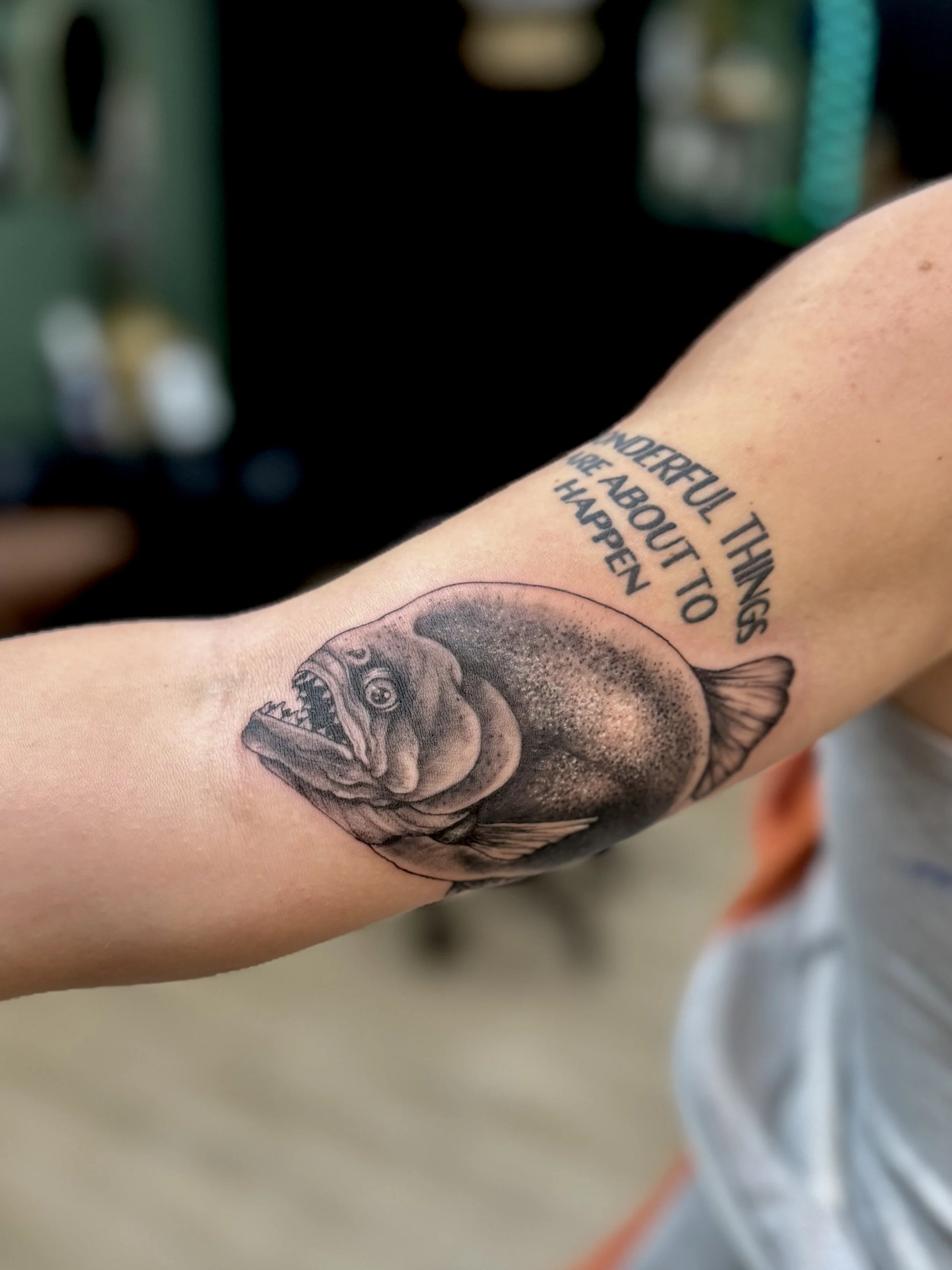 Tattoo of a fish with exaggerated facial features and sharp teeth, accompanied by the quote: "The wonderful things are about to happen" on a person's arm.