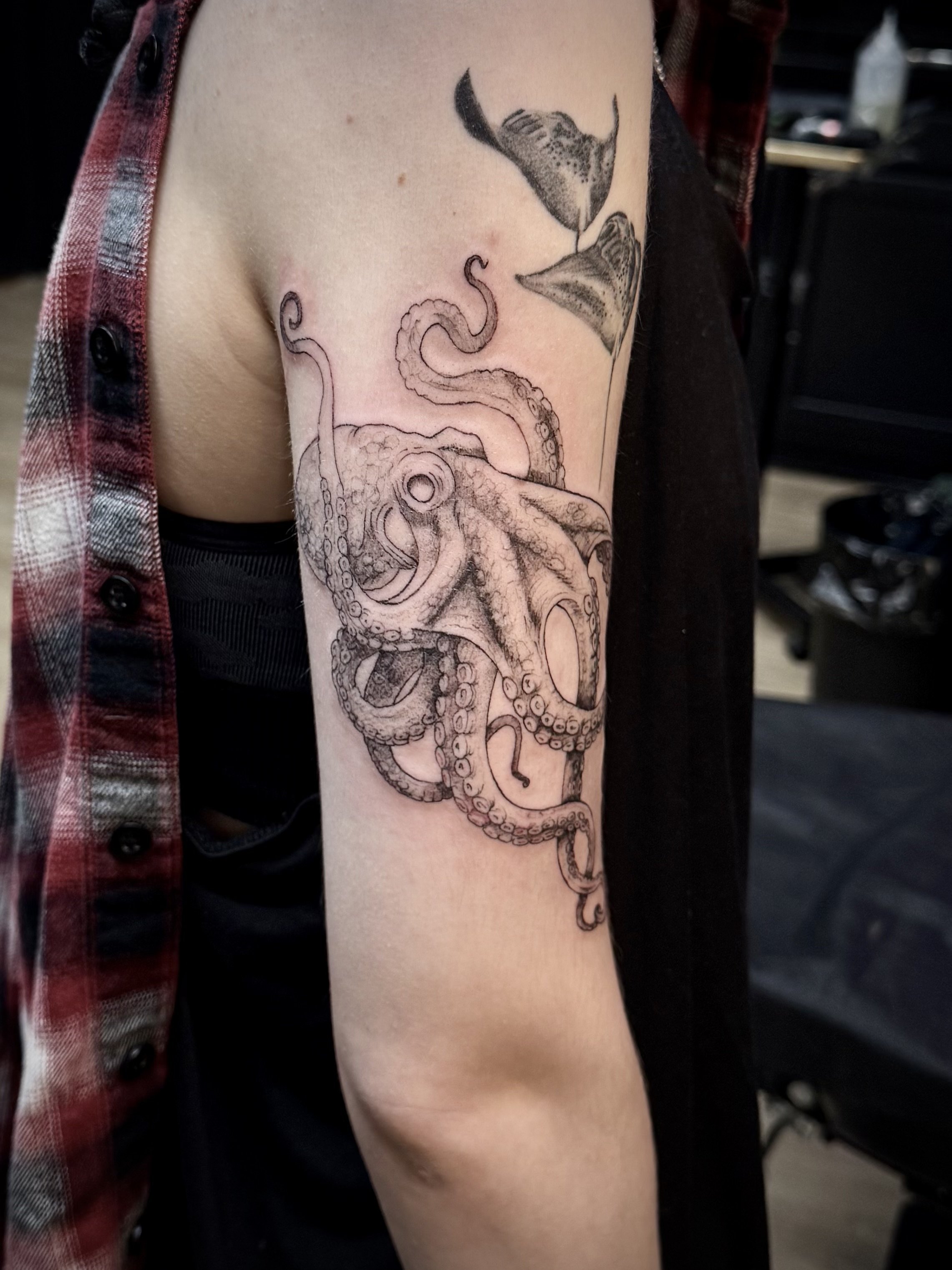 Black and gray tattoo of an octopus on a person's upper arm with a smaller fish tattoo above it.
