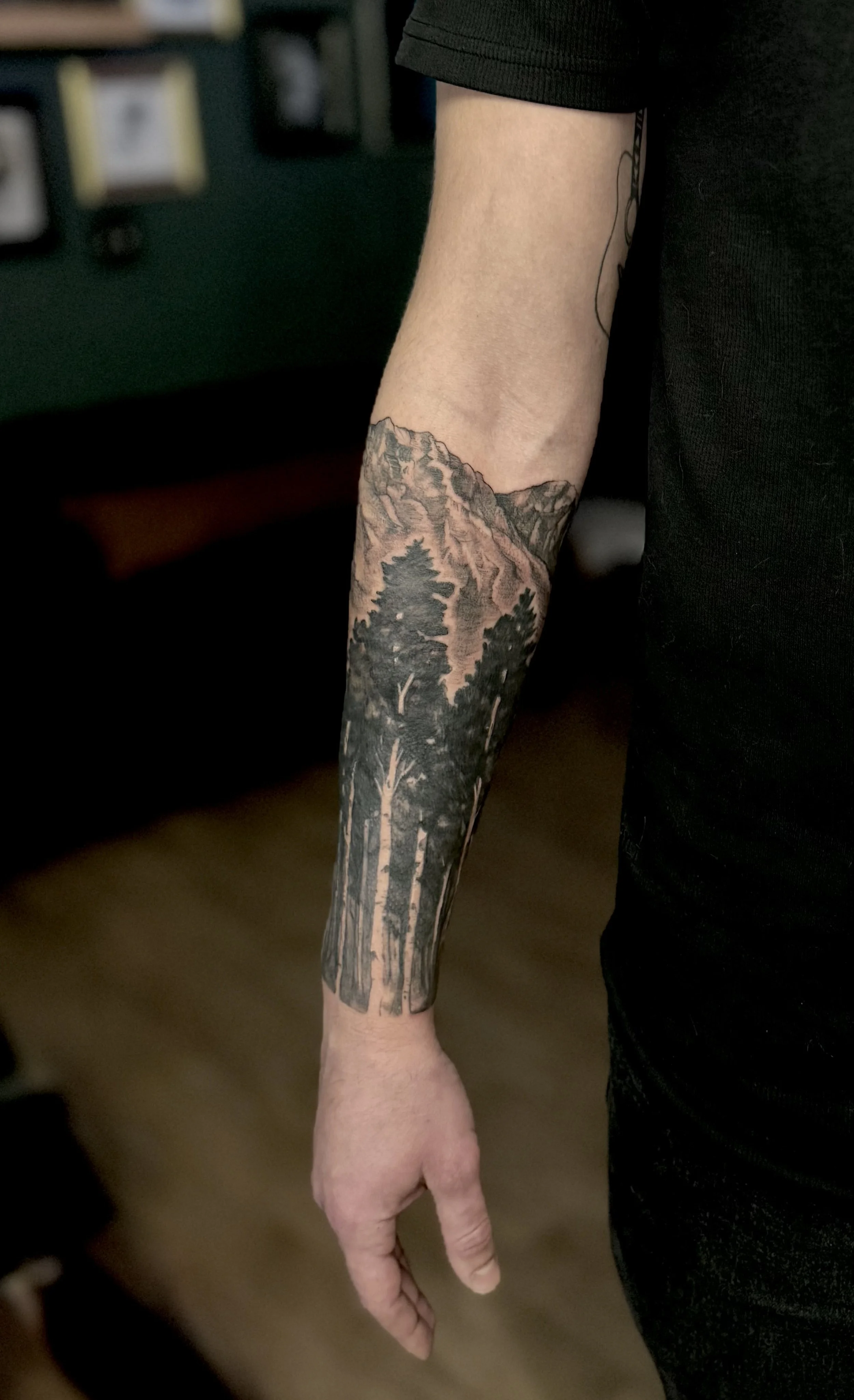 Tattoo of a forest and mountains on a person's forearm.