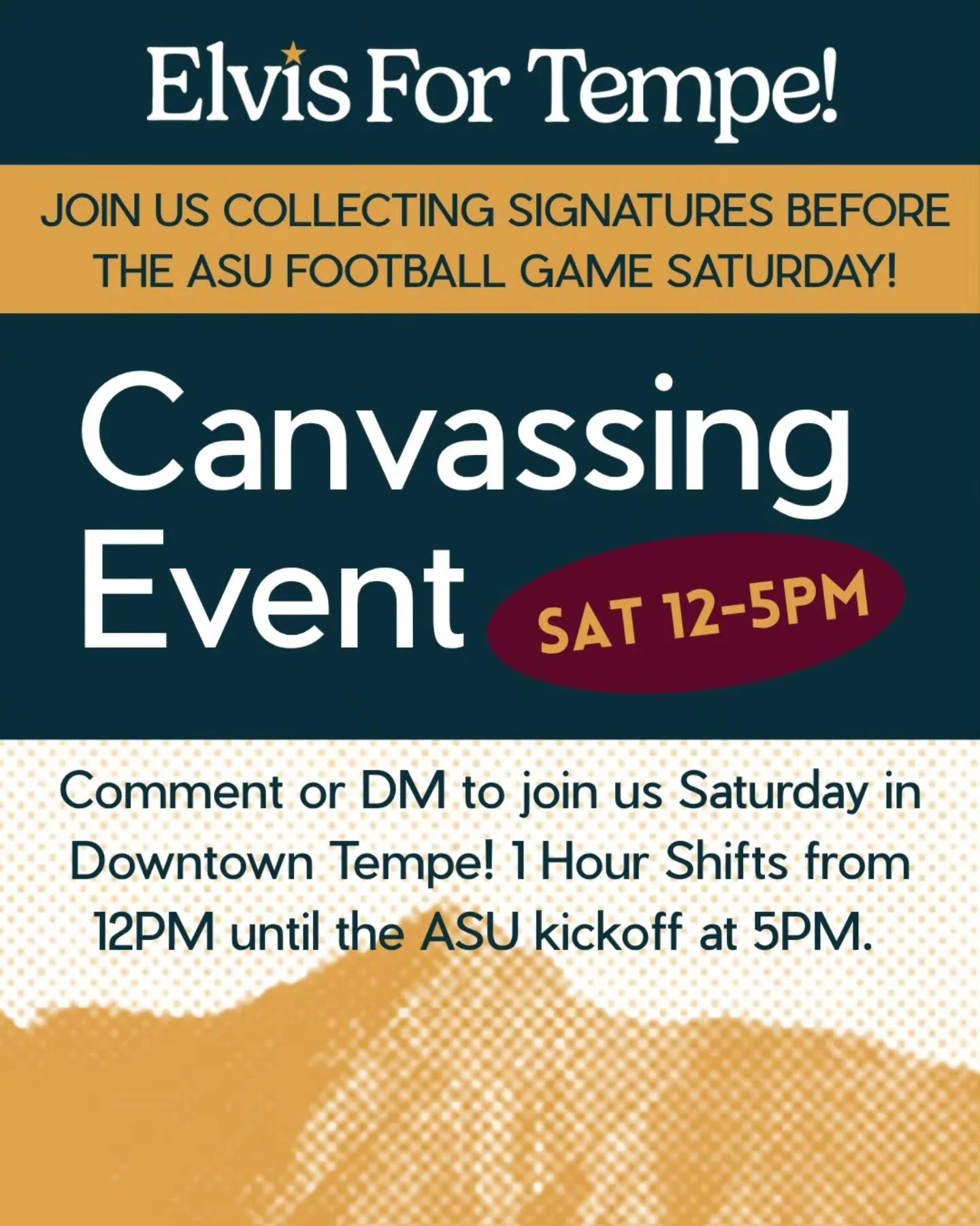 Have an hour Saturday to help get Elvis on the Ballot? Comment or DM to get involved! 

#E4T #elvisfortempe