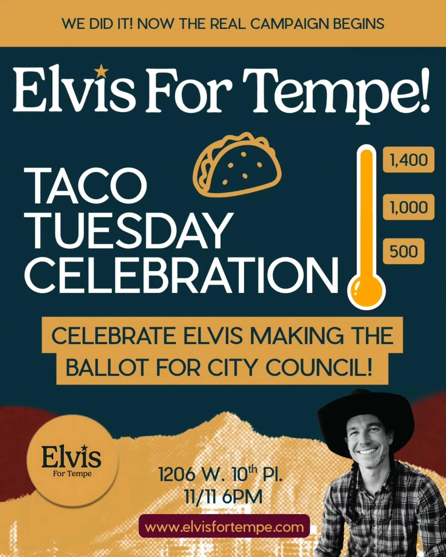 The BIGGEST Taco Tuesday yet! Come celebrate everyone's hard work to get Elvis on the ballot and learn more about what you can do to help Elvis and Bobby win this election and create a more affordable and progressive Tempe! 

Get involved in making a
