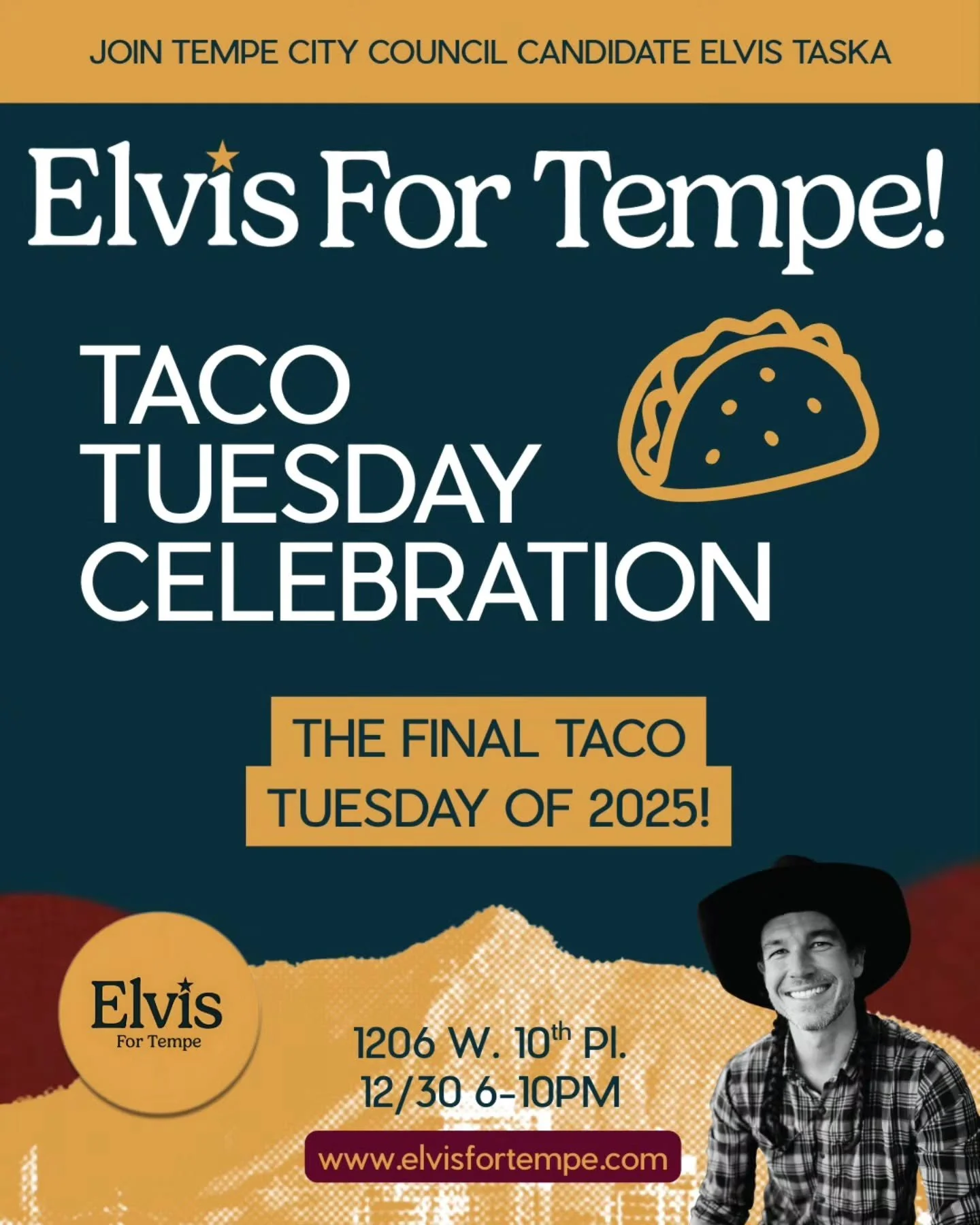 TONIGHT! Join us for the final Taco Tuesday of 2025! As always free tacos and drinks, come chat with City Council Candidate Elvis Taska and see how you can get involved in making a better Tempe for all!