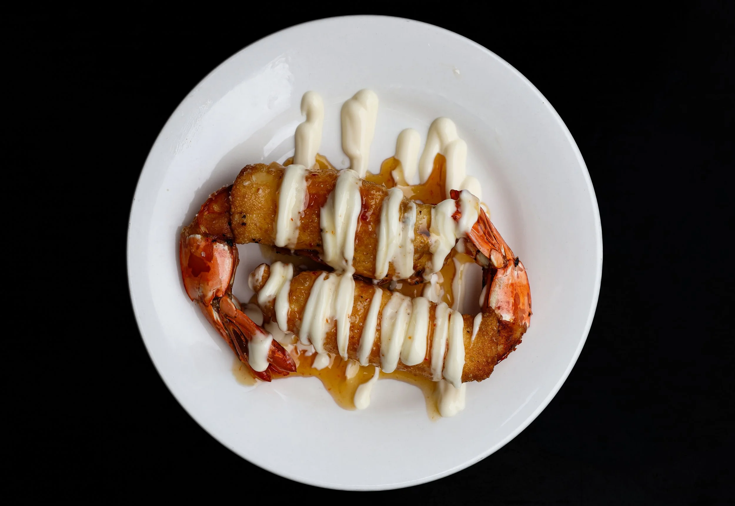 prawn gyoza, hot honey, kewpie mayo