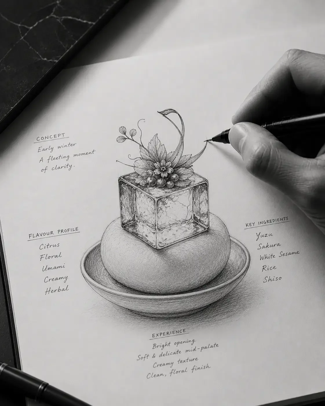 A detailed black-and-white sketch of a conceptual cocktail