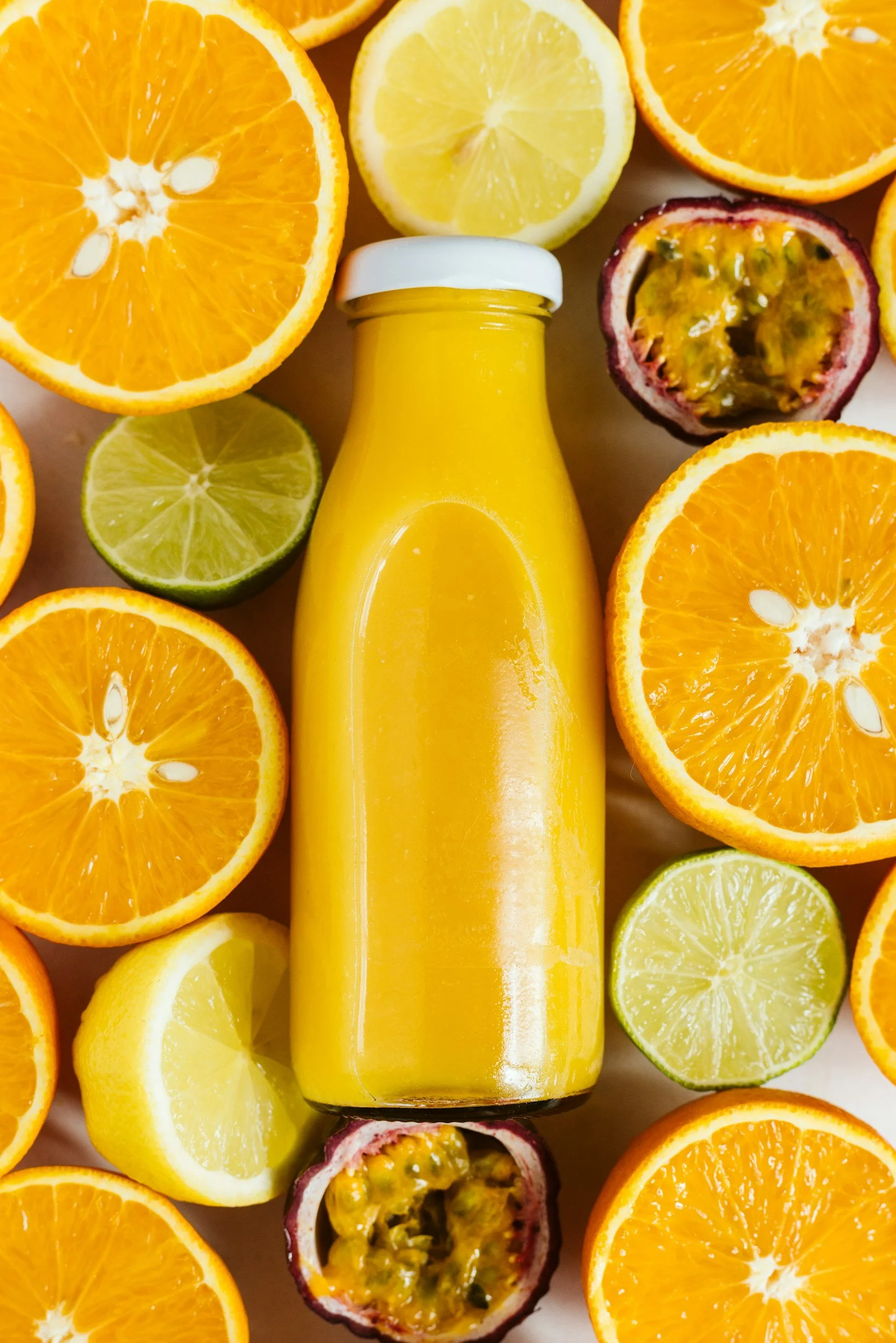 fresh orange, passion fruit juice bottled