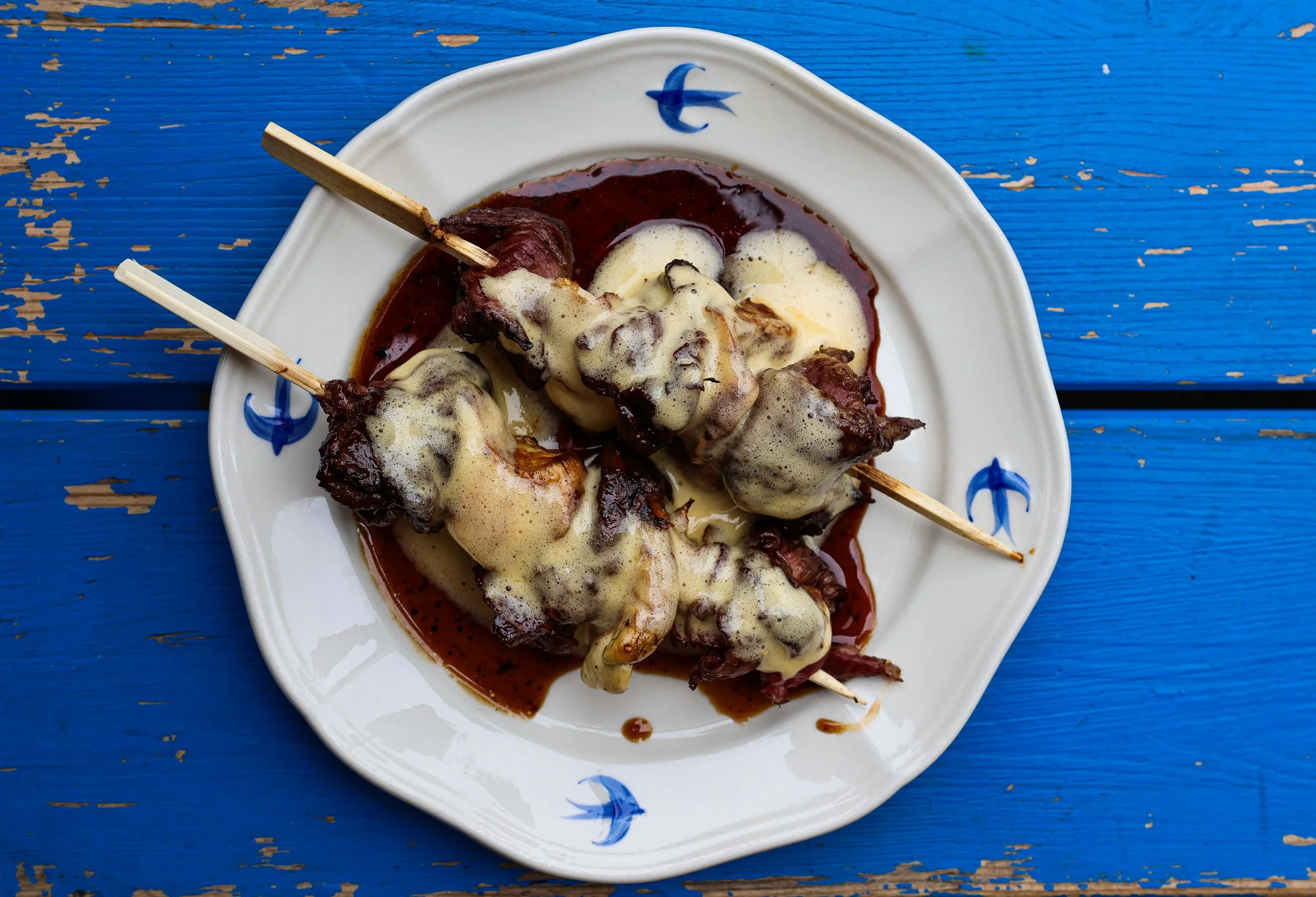 beef skewer, teriaky glaze, oyster mushrooms