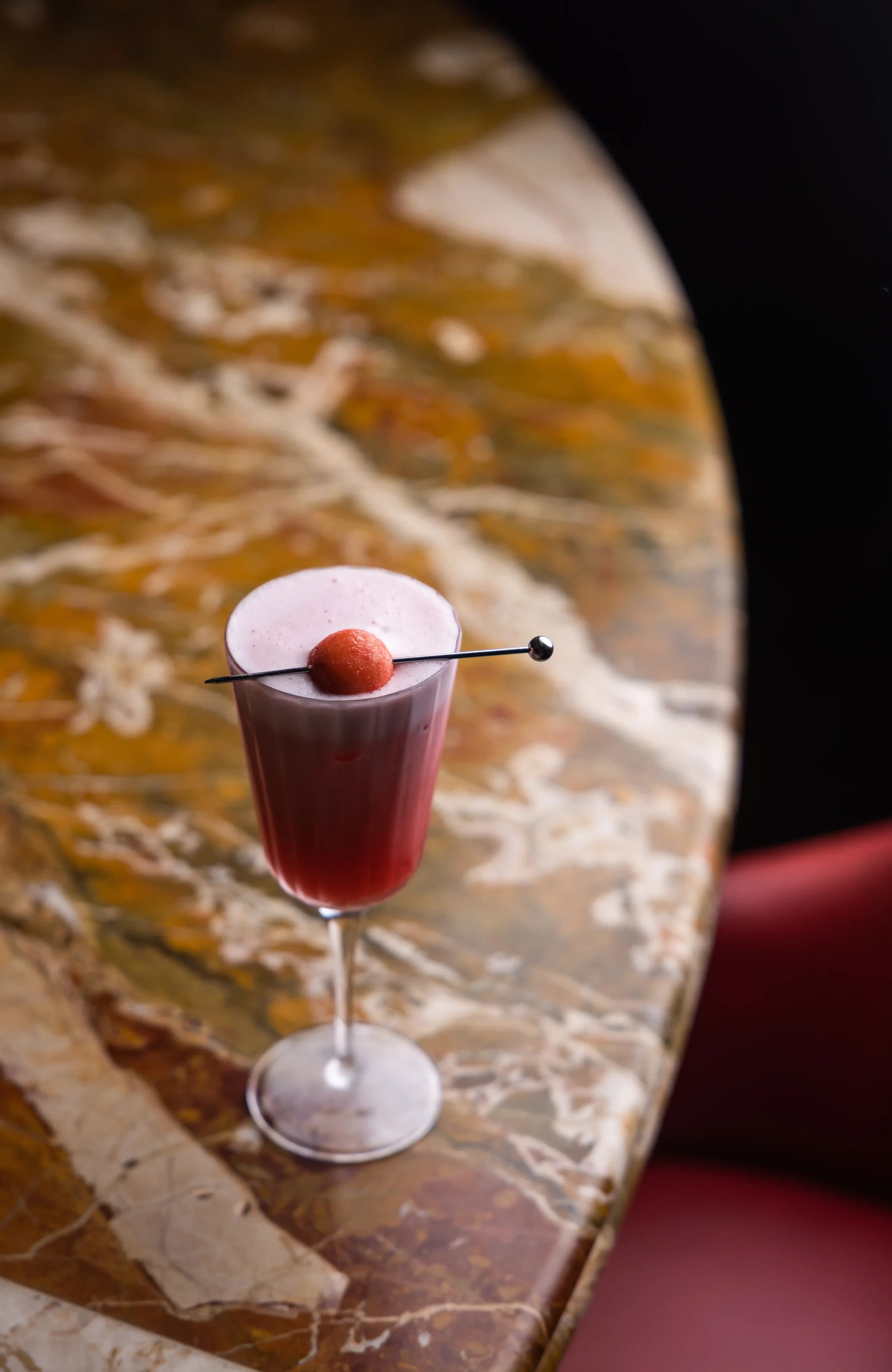 Tagada cocktail with rhubarb, pisco, citrus, fraise tagada