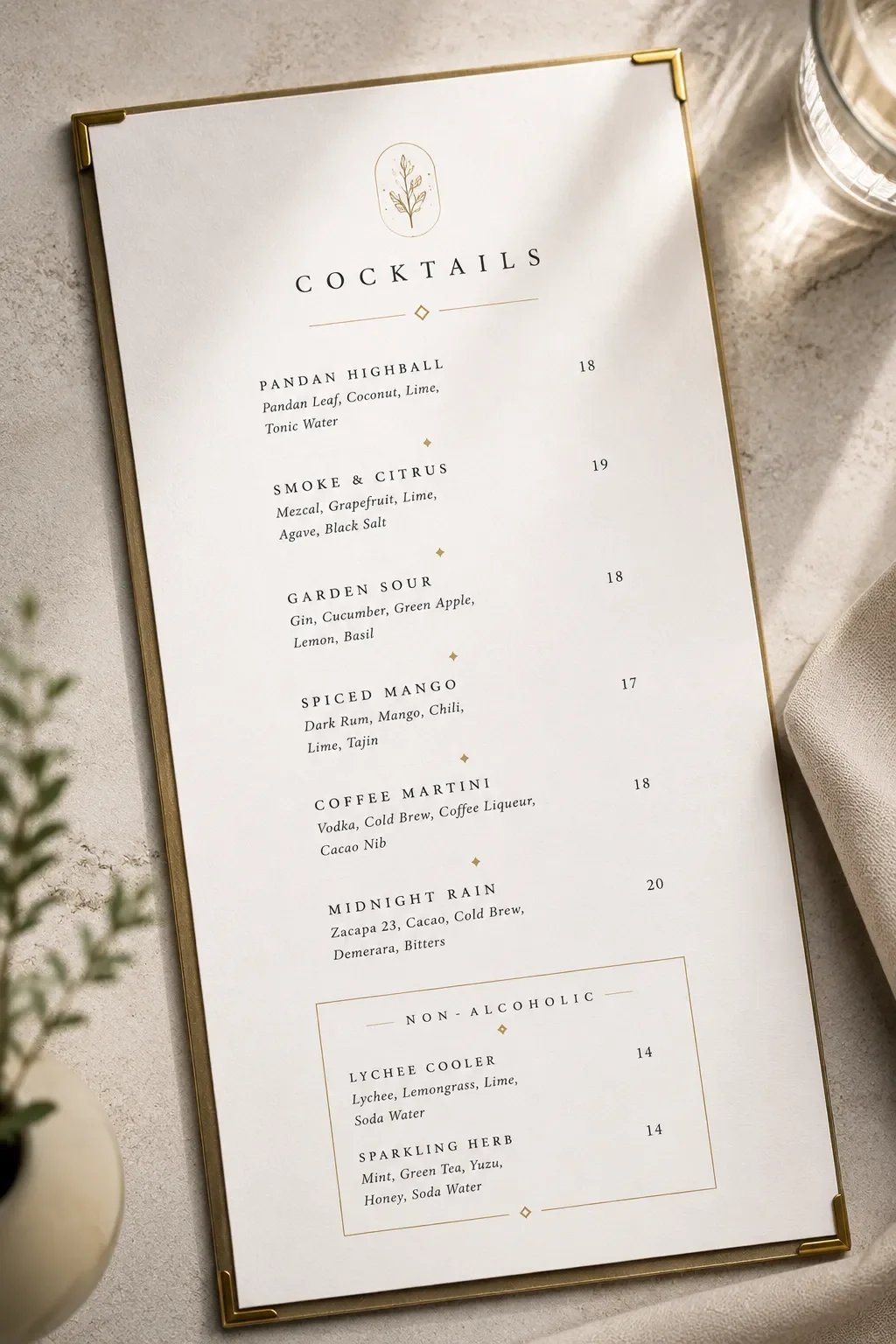 A cocktail menu with a white background, gold border, and minimalist design.